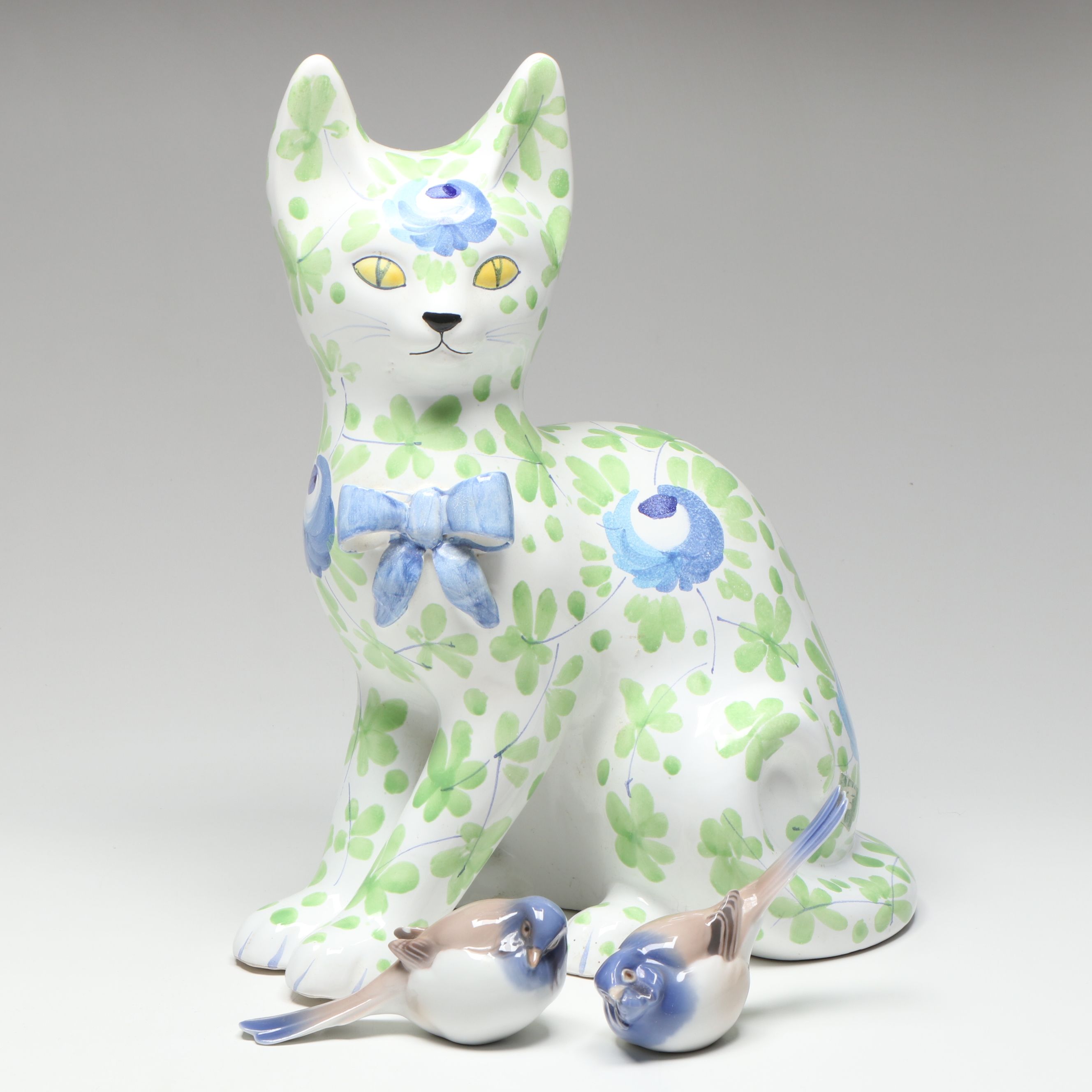 Italian Style Painted Ceramic Cat with Bing & Grondahl Porcelain Titmouse Birds