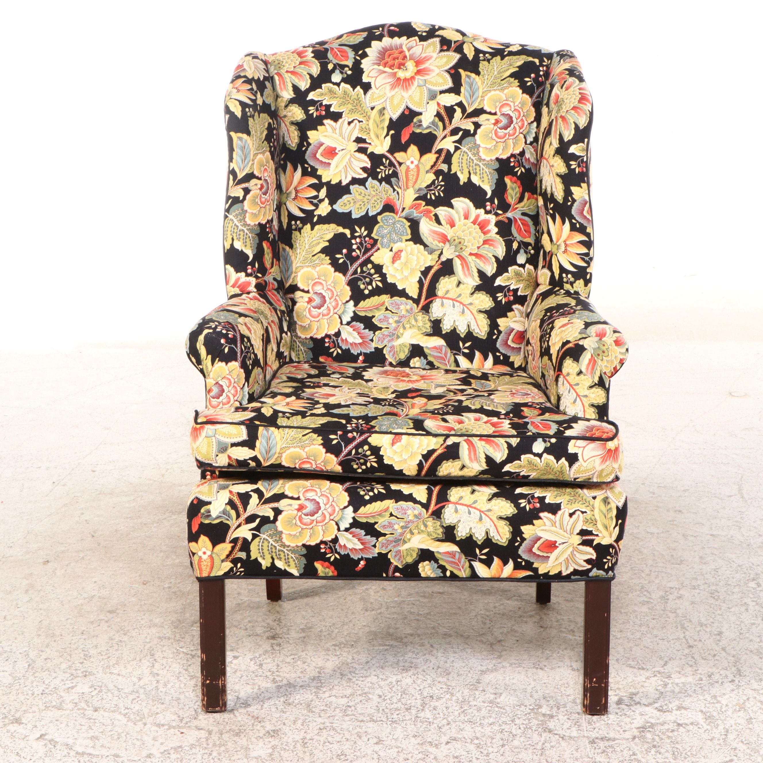 Chippendale Style Paisley Upholstered Wingback Chair, 20th Century