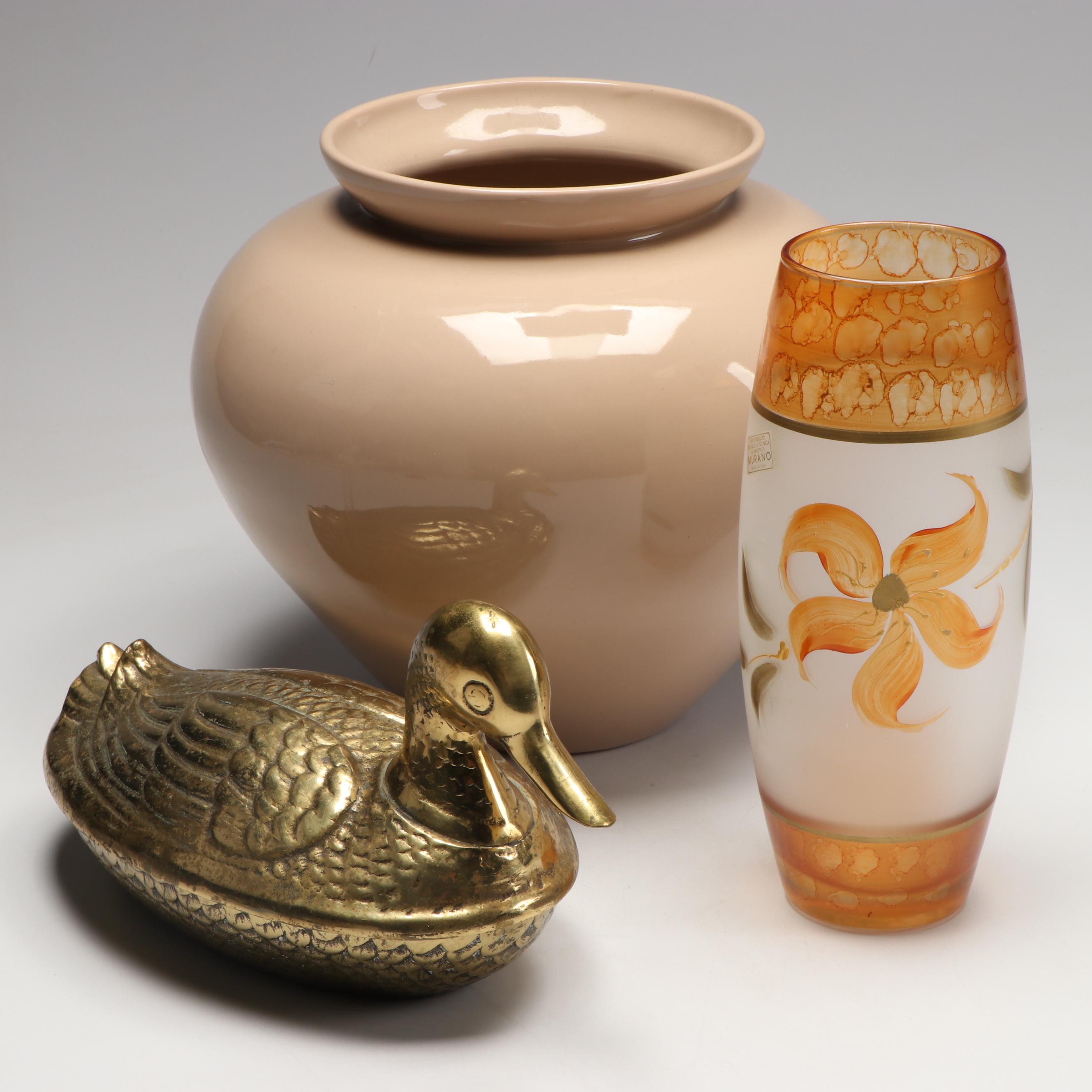 Brass Duck Box, Hand Painted Glass Vase and Haeger Ceramic Planter