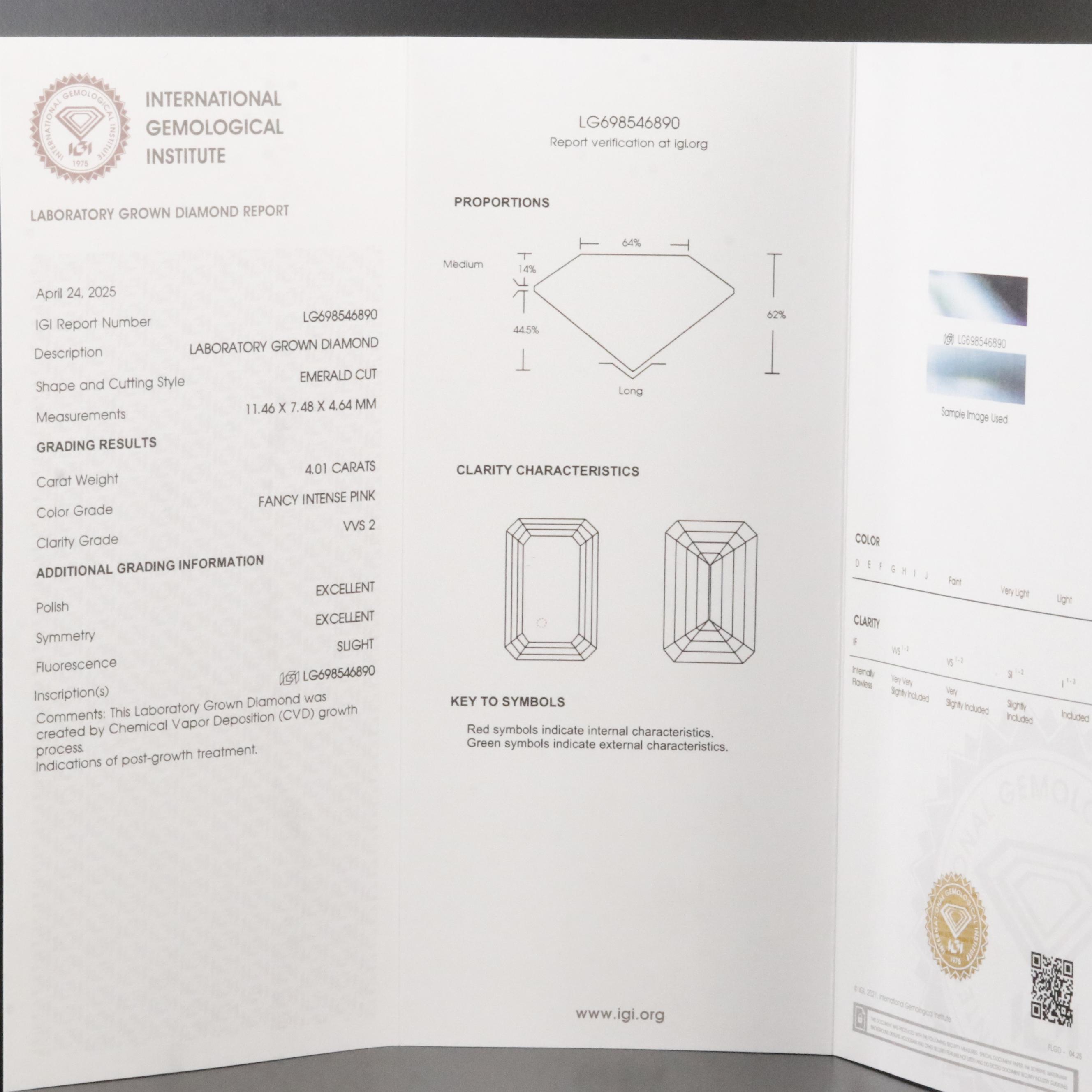 14K 4.24 CTW Lab Grown Diamond Ring with IGI Report & Fancy Pink Center