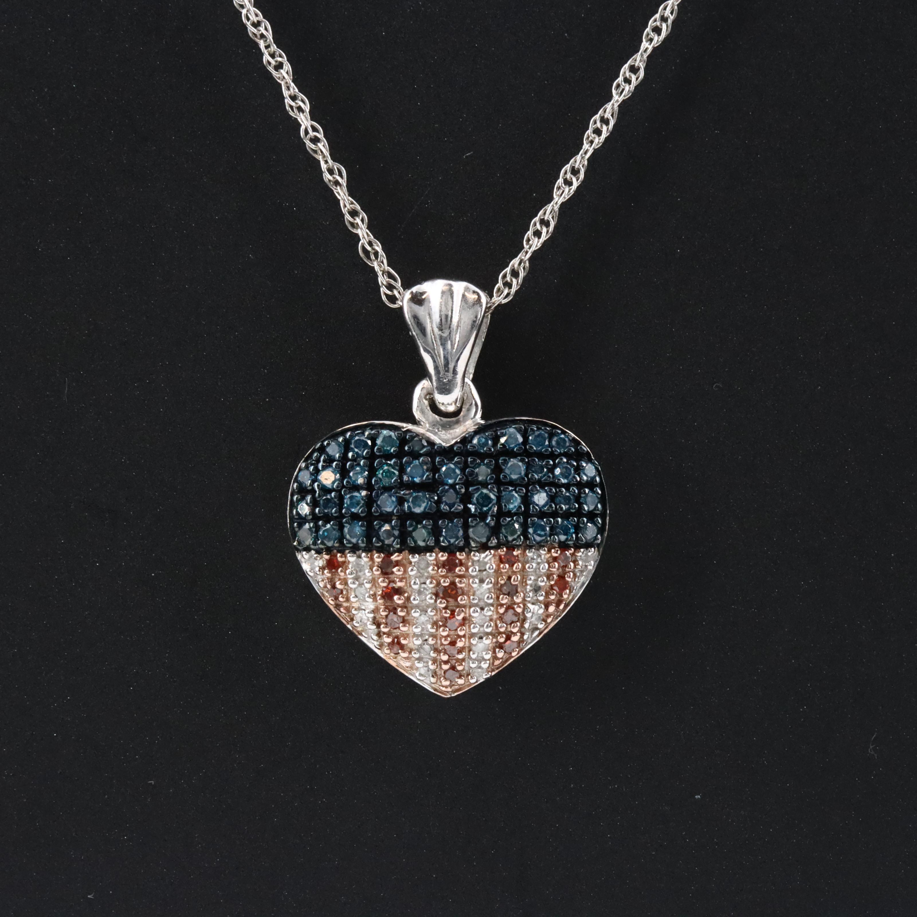 Sterling Diamond Diamond American Flag Heart Necklace with Fancy Diamonds