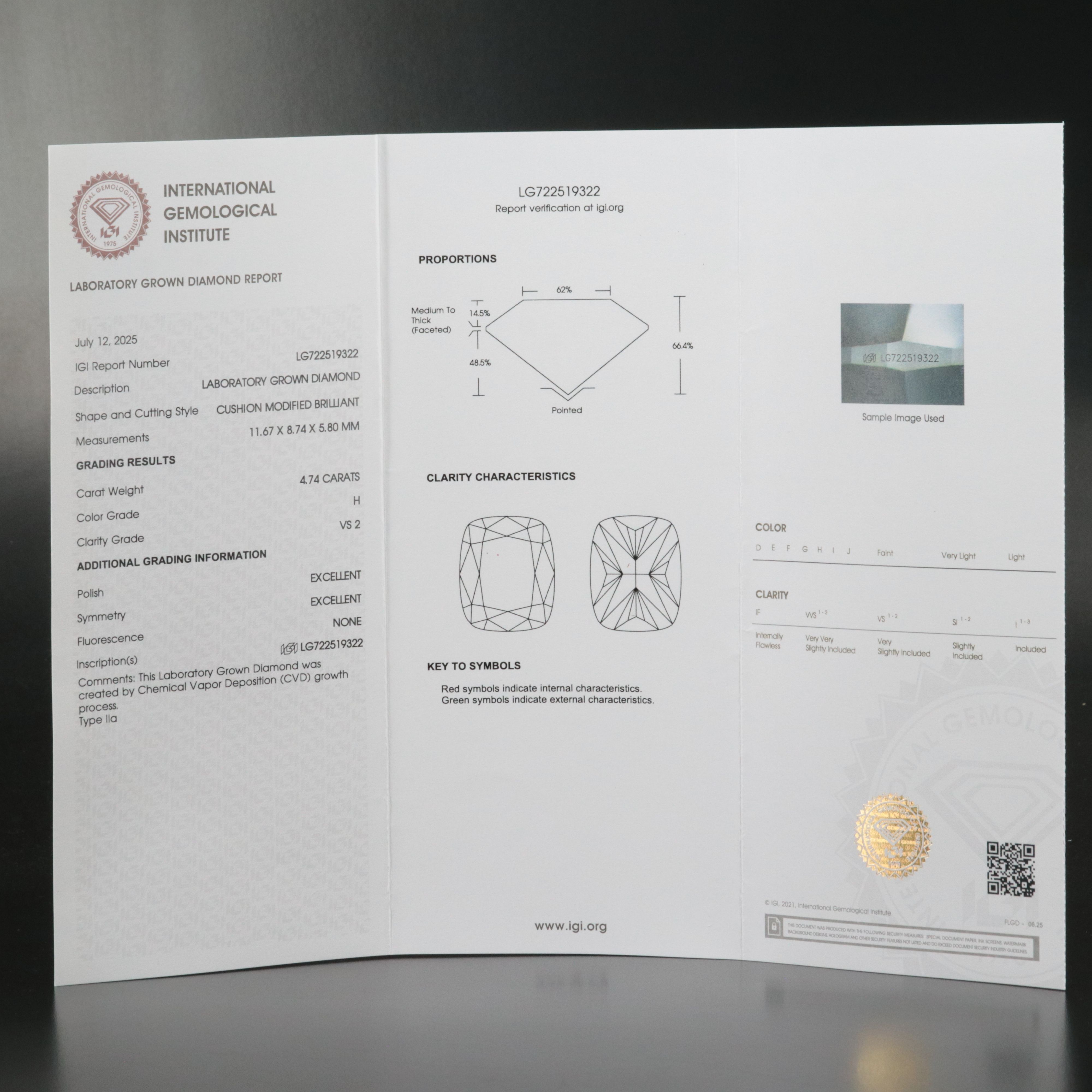 Loose 4.74 CT Lab Grown Diamond with IGI Report