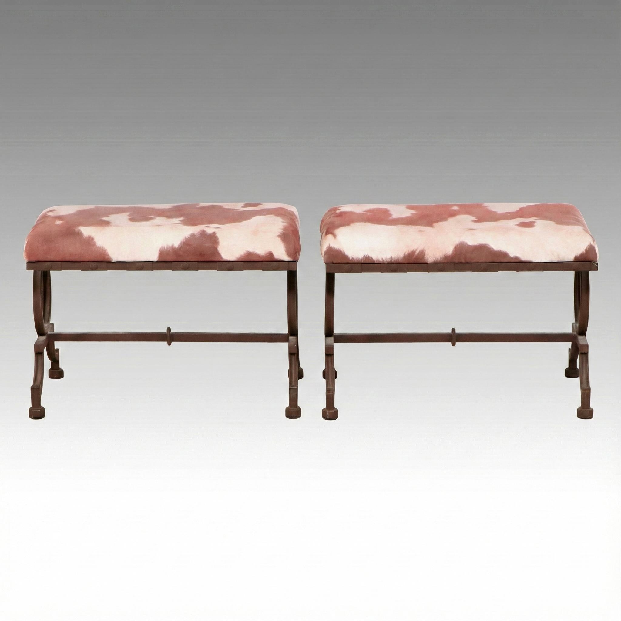 Pair of Southwestern Style Metal and Cowhide Print Upholstered Benches