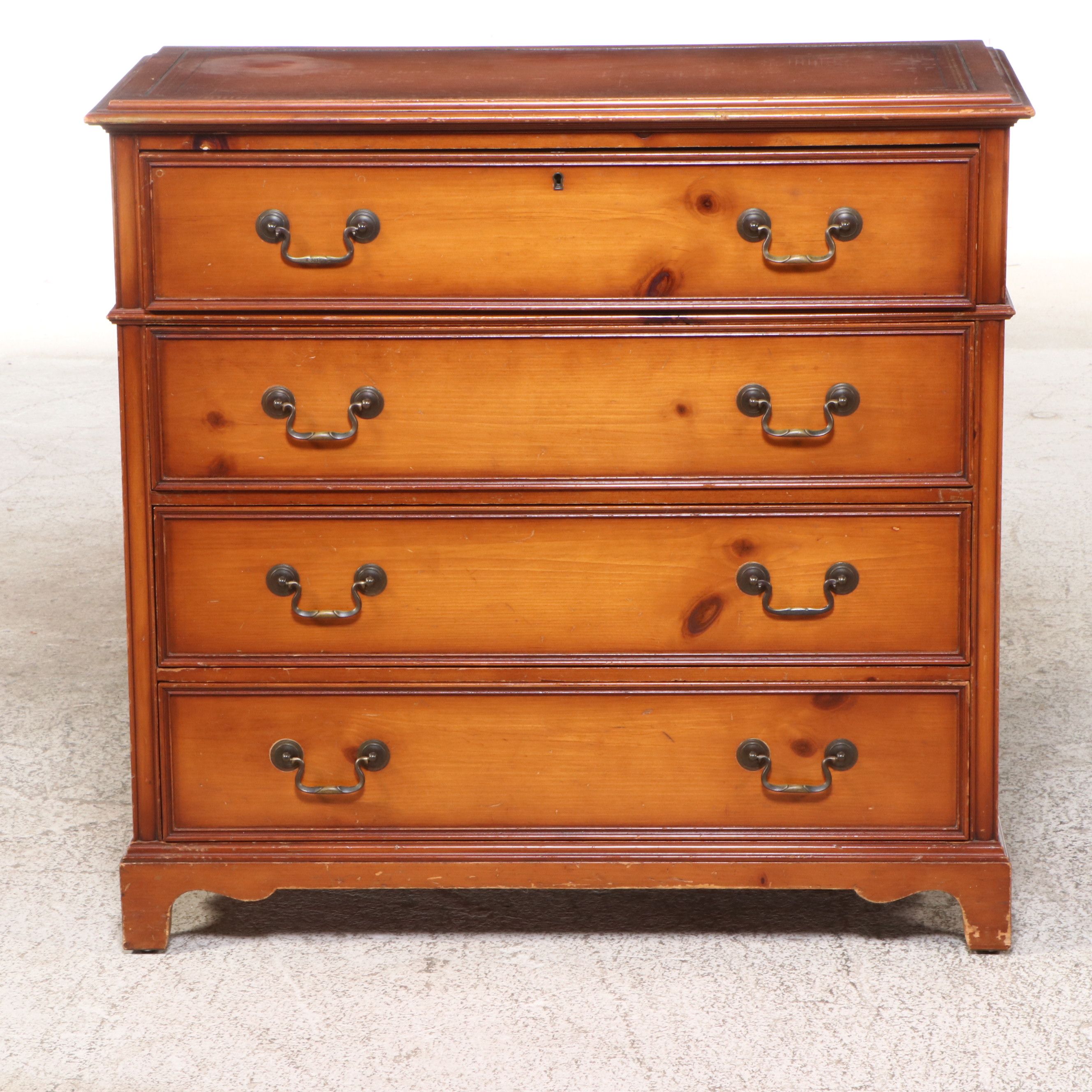 Chippendale Style Maple Finish Chest Shaped Desk with Tooled Leather Top