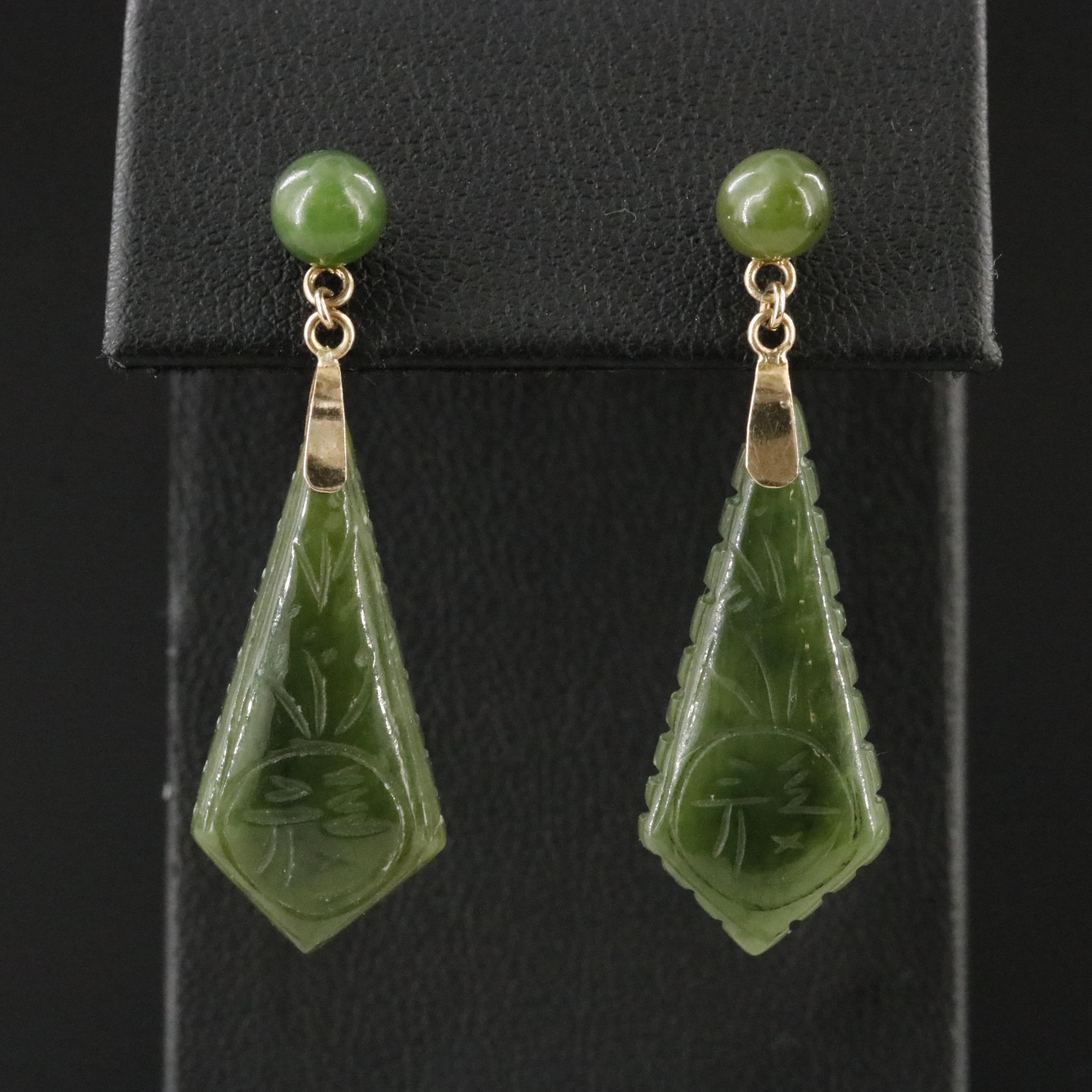 14K Carved Nephrite Drop Earrings