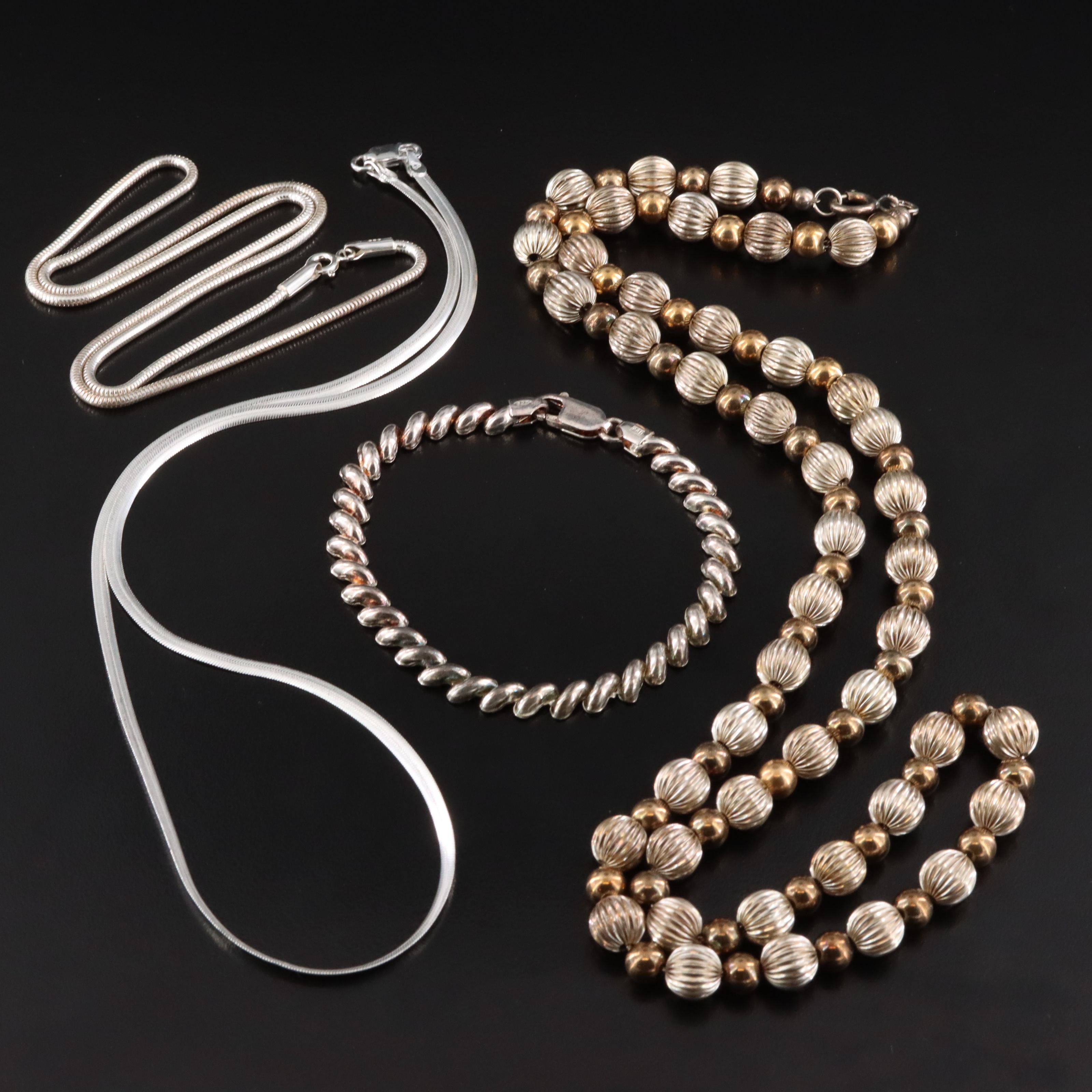 Sterling Herringbone, Bead, Snake Chain Necklaces and San Marco Chain Bracelet