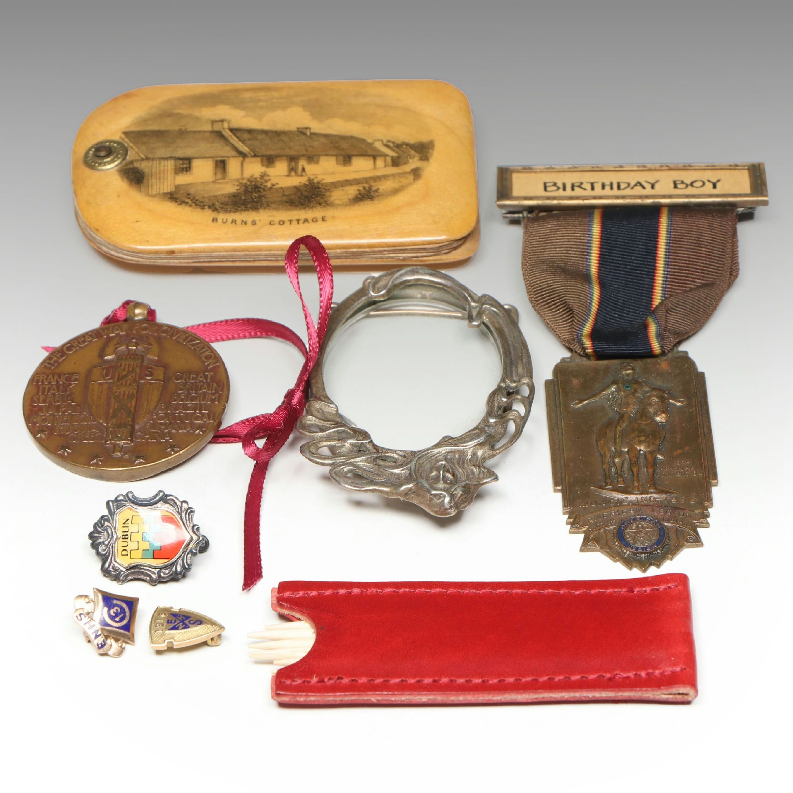 Scottish Souvenir Mauchline Ware Notepad with Other Medals and Accessories