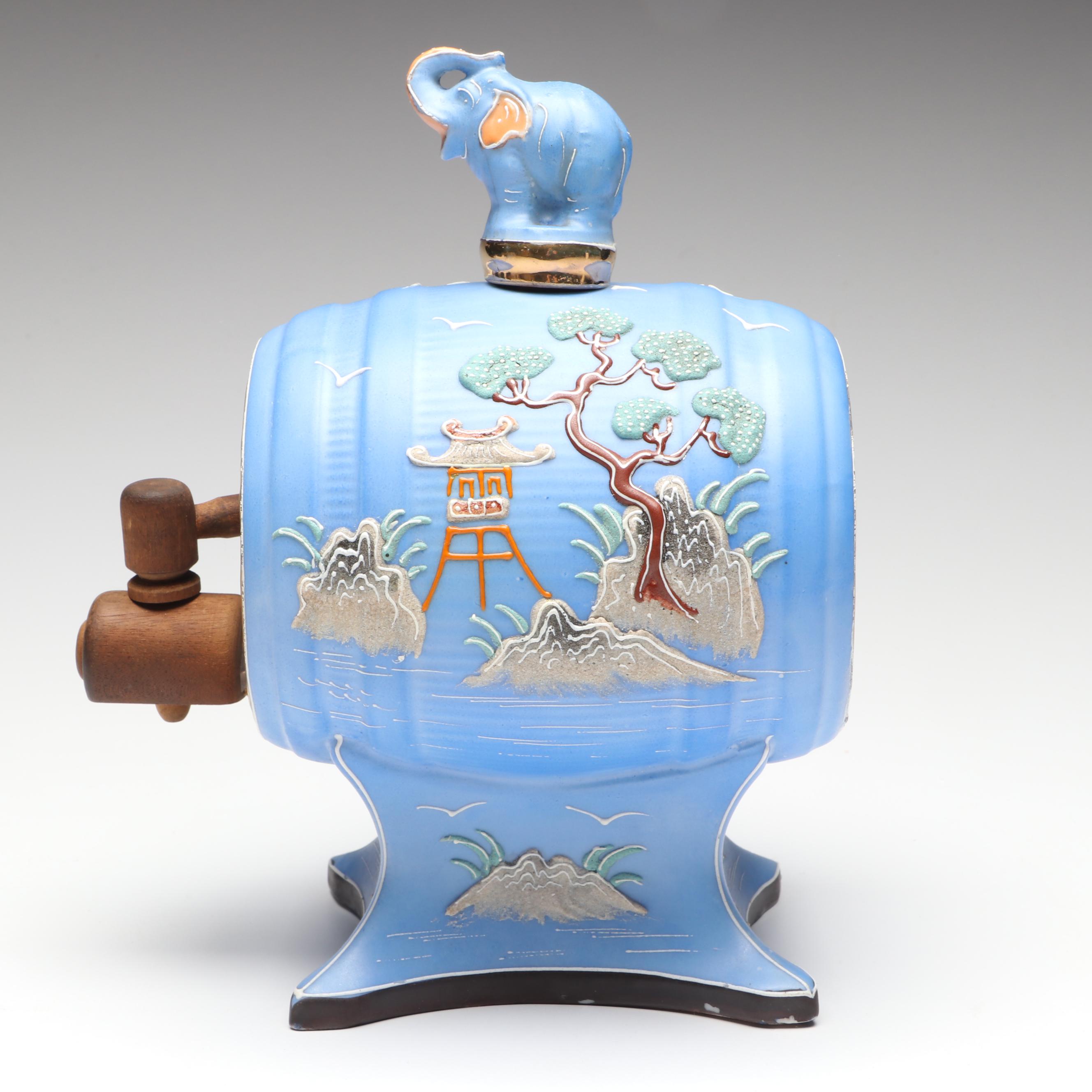 Japanese Hand-Painted Moriage Porcelain Sake Barrel
