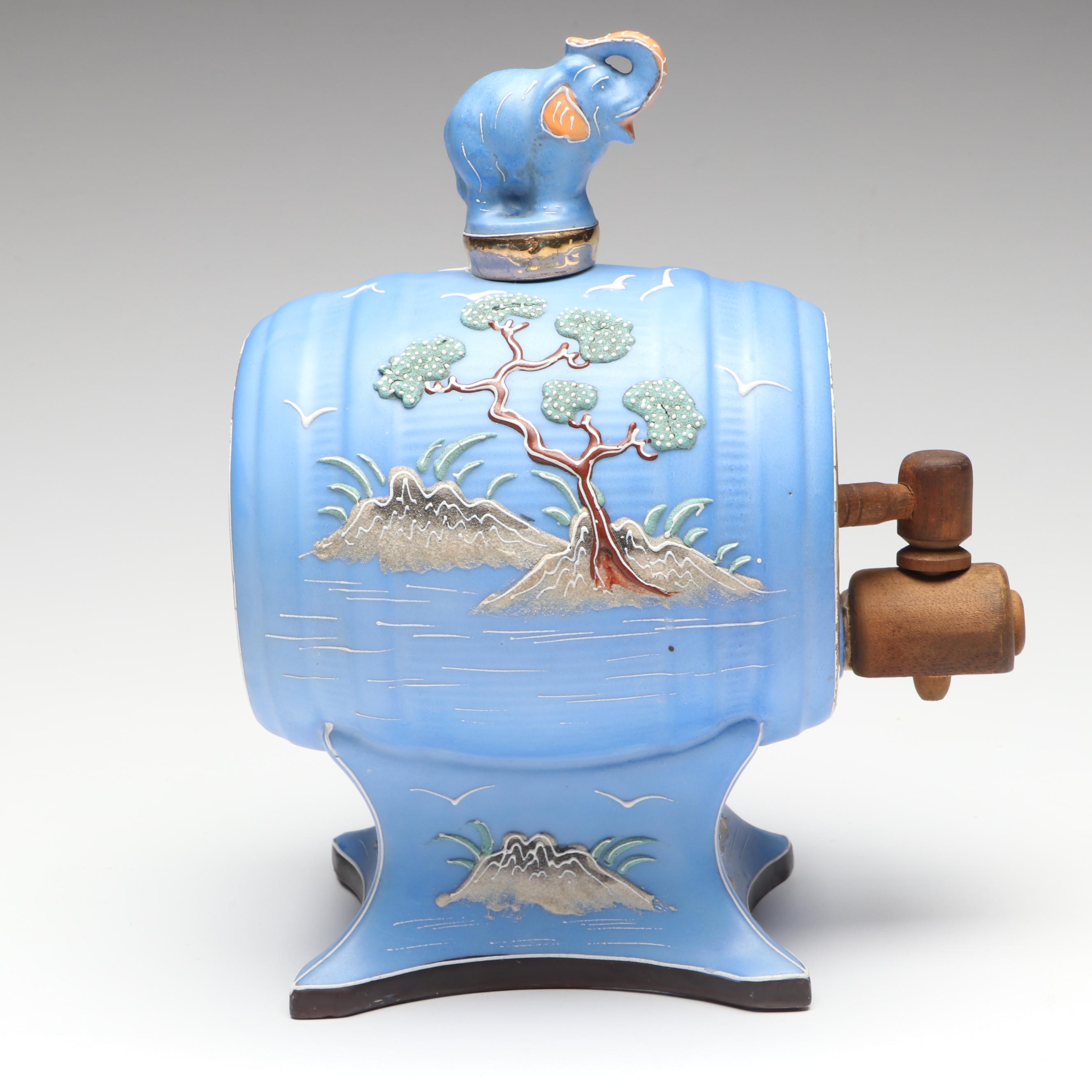 Japanese Hand-Painted Moriage Porcelain Sake Barrel