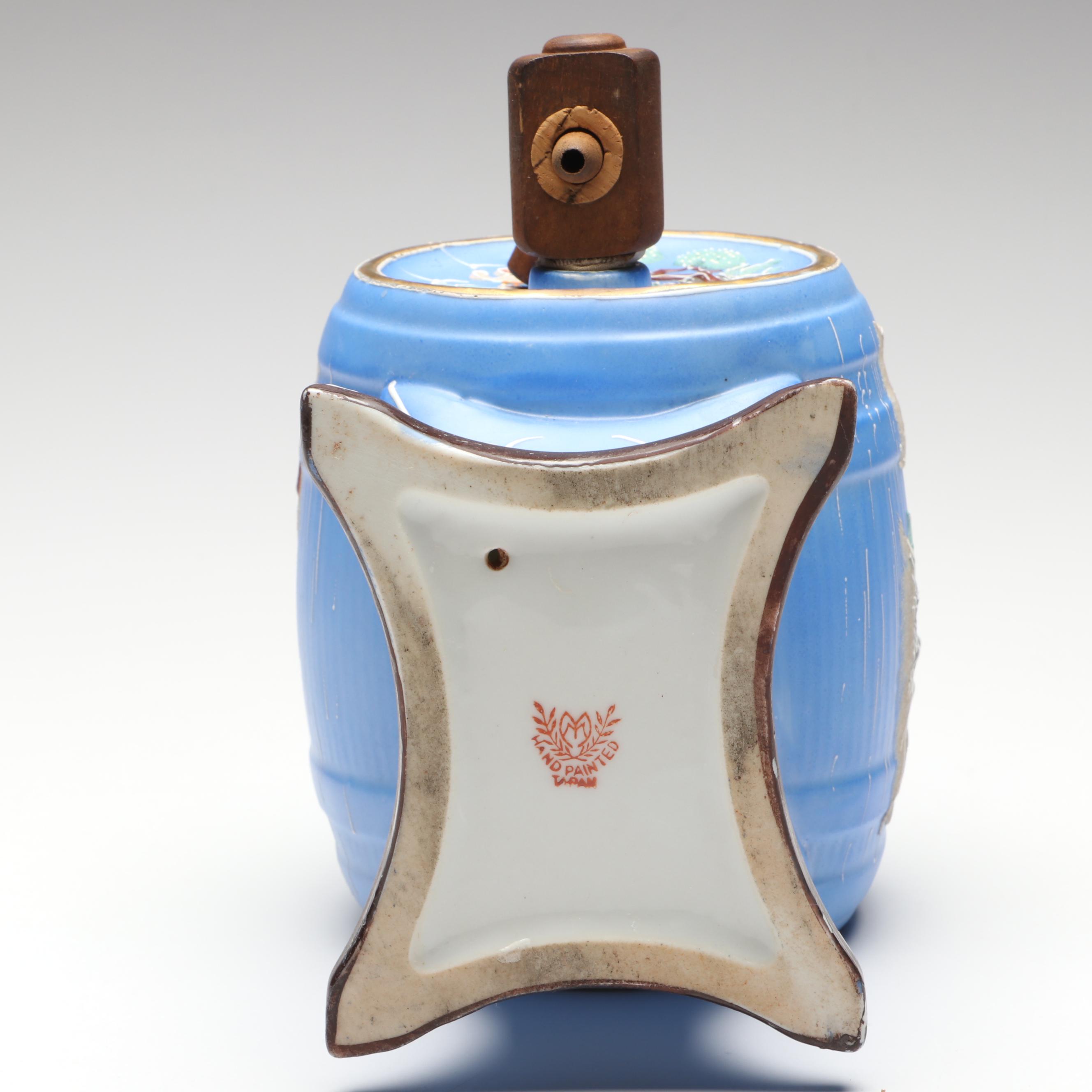 Japanese Hand-Painted Moriage Porcelain Sake Barrel