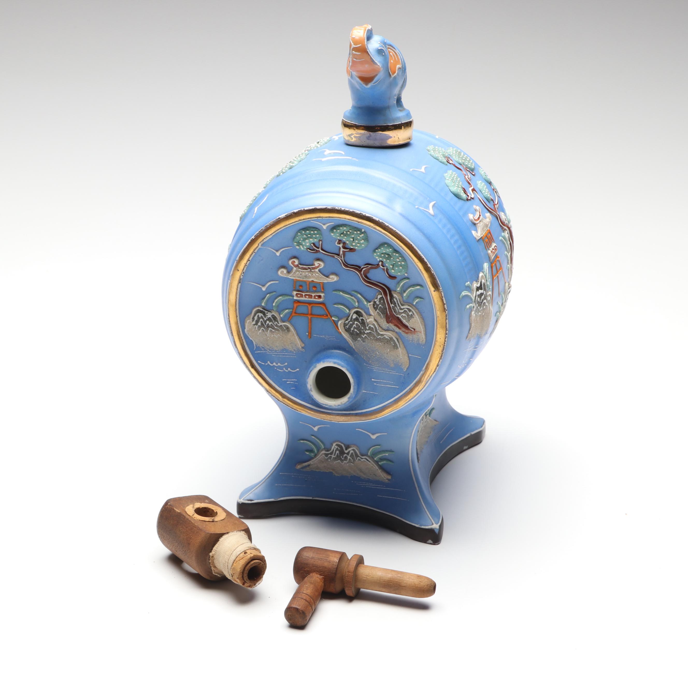 Japanese Hand-Painted Moriage Porcelain Sake Barrel