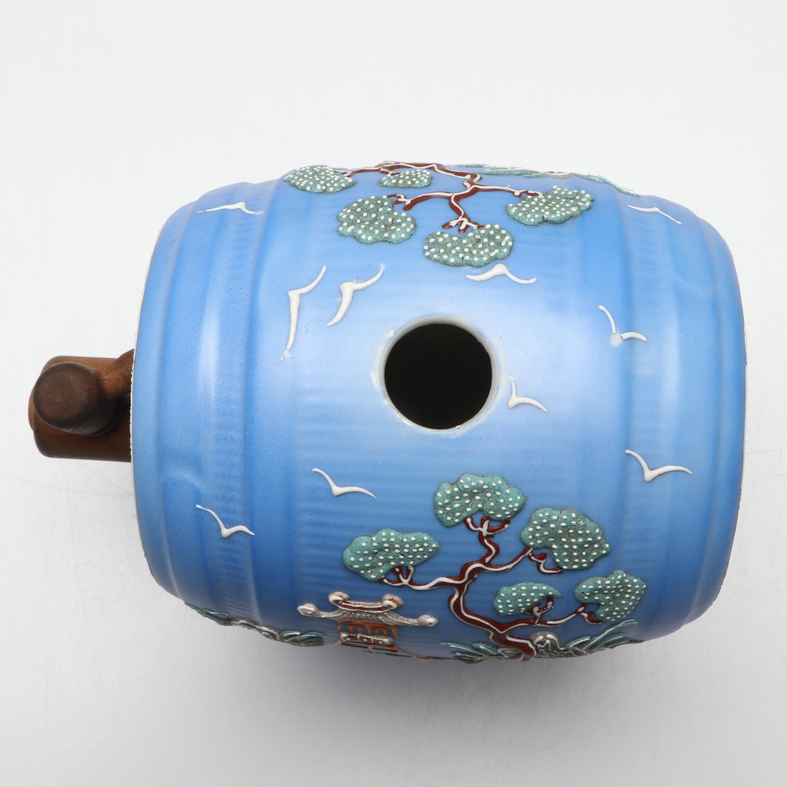 Japanese Hand-Painted Moriage Porcelain Sake Barrel