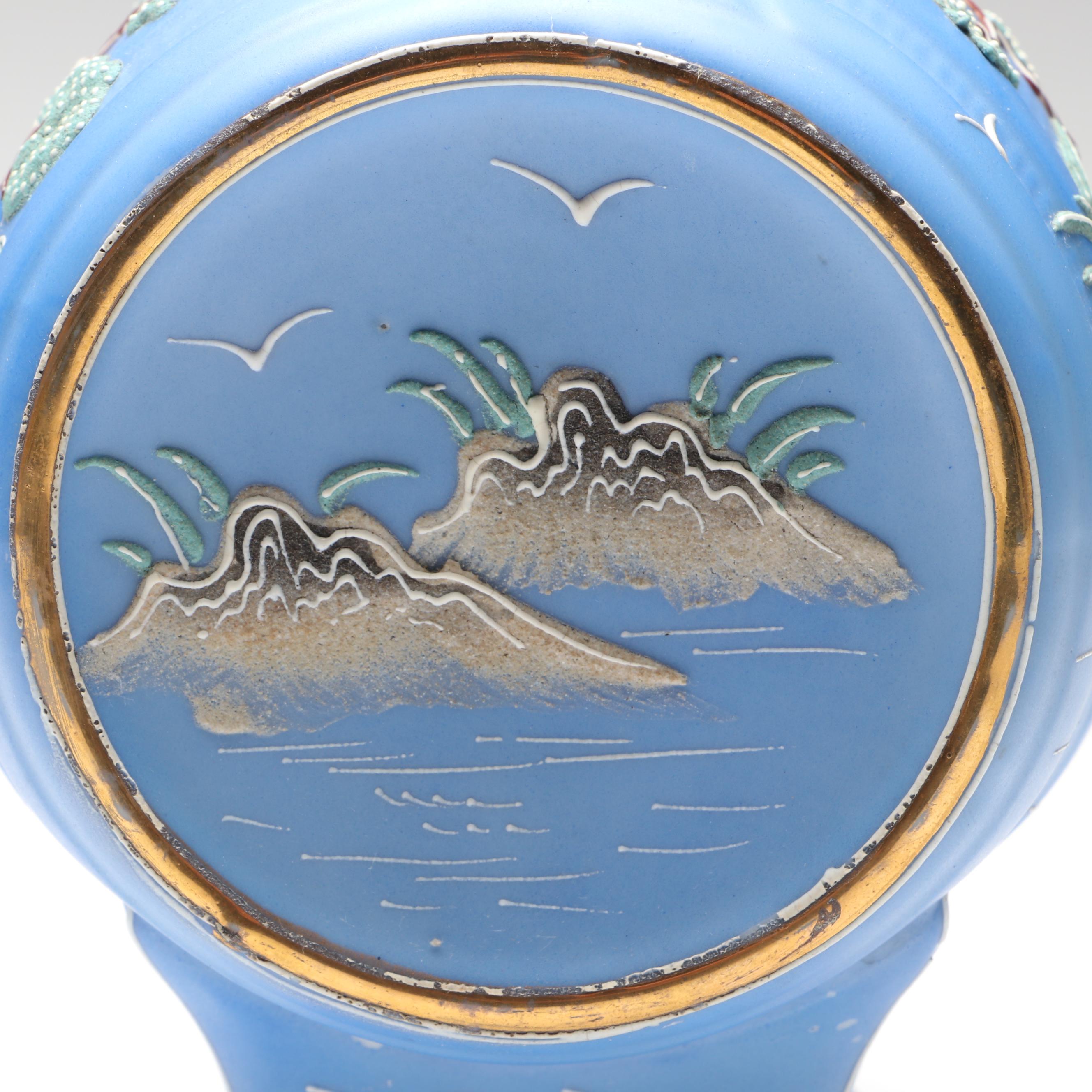 Japanese Hand-Painted Moriage Porcelain Sake Barrel