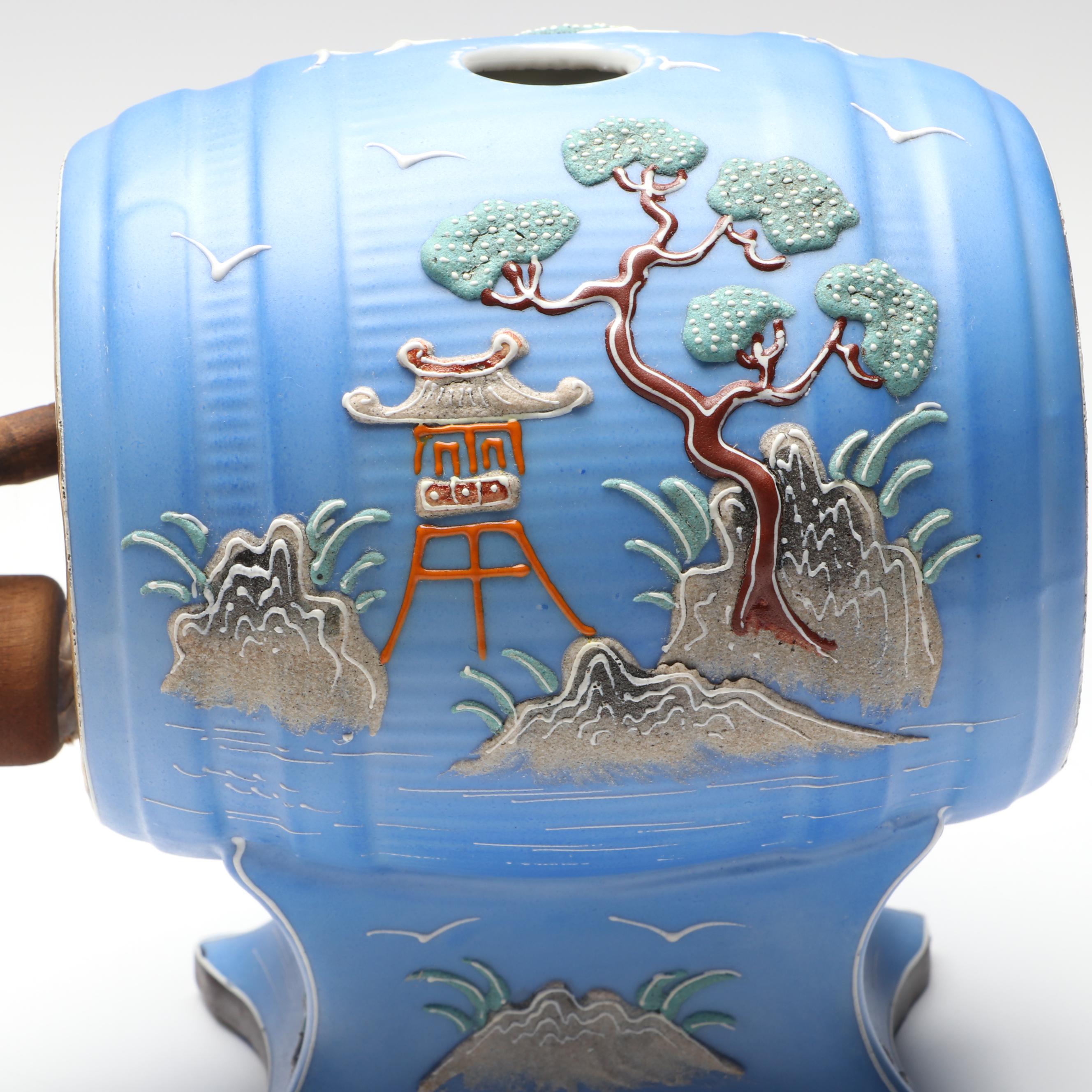 Japanese Hand-Painted Moriage Porcelain Sake Barrel