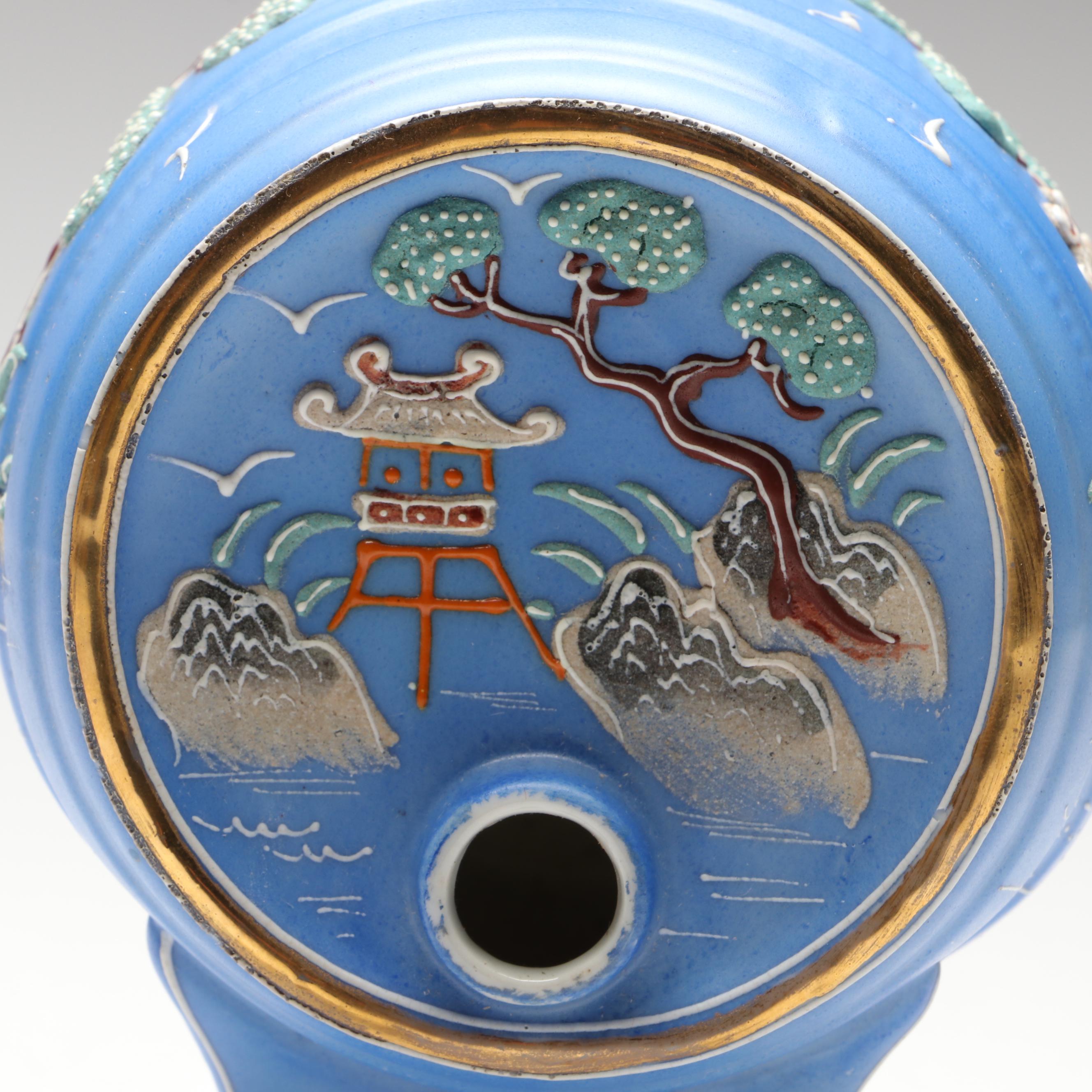 Japanese Hand-Painted Moriage Porcelain Sake Barrel