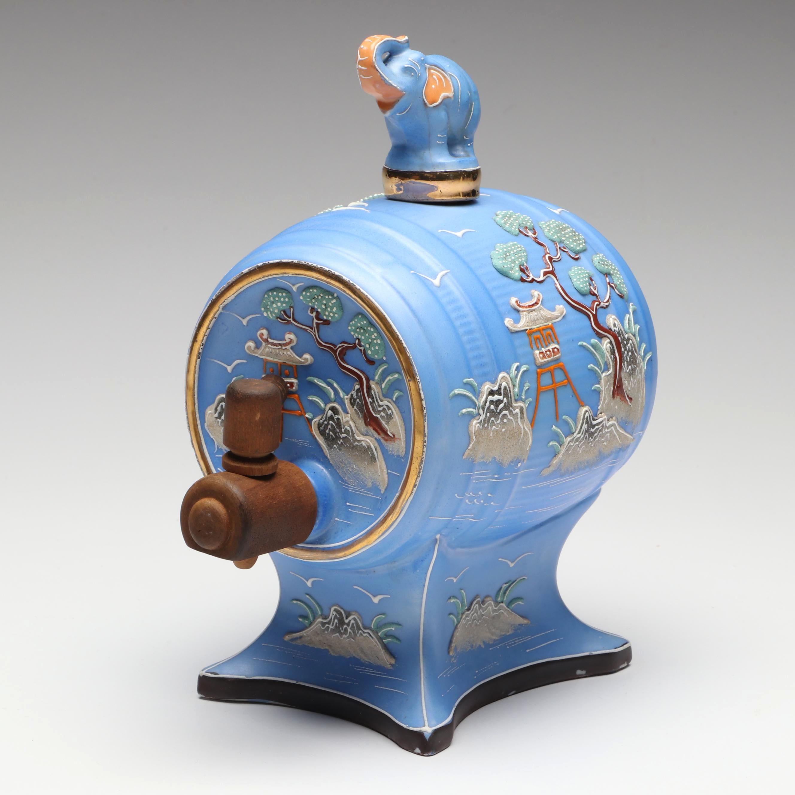 Japanese Hand-Painted Moriage Porcelain Sake Barrel