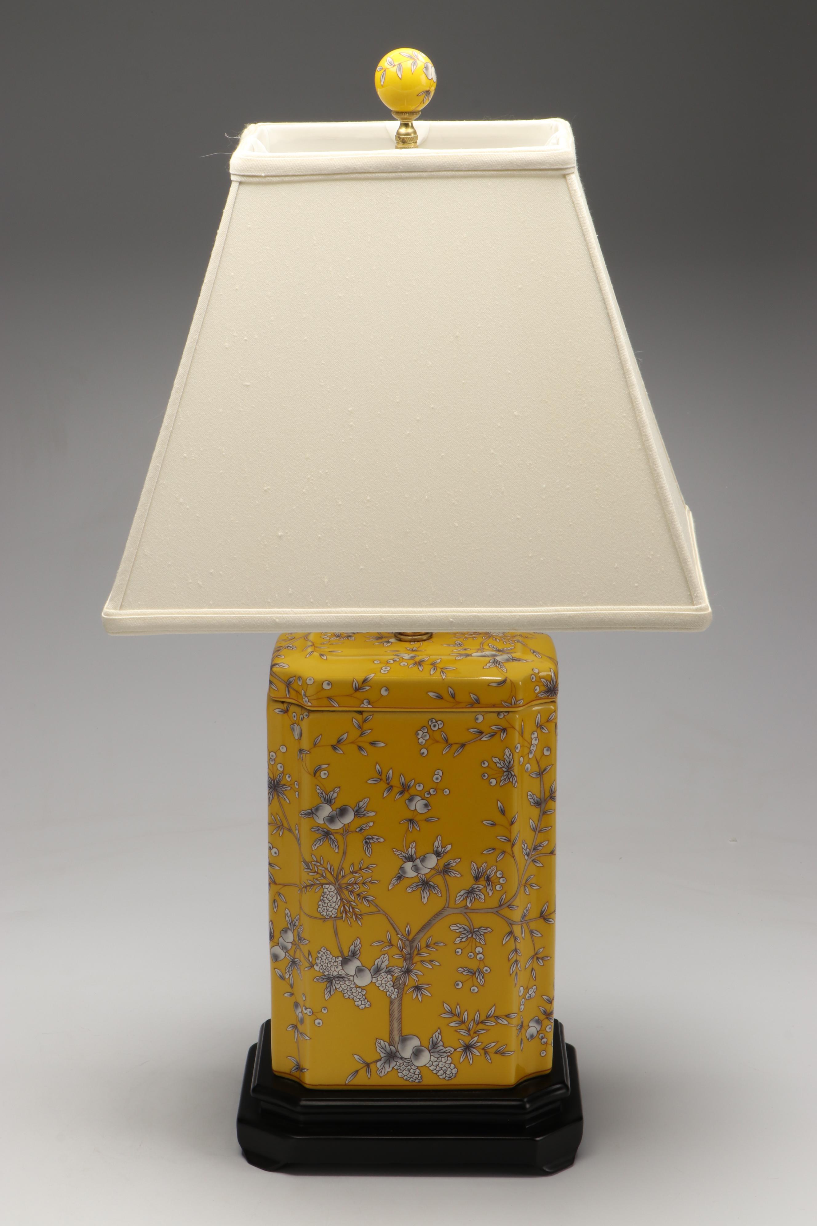 Chinoiserie Yellow Porcelain "Cambridge "Canister & "Maggie" Urn Table Lamps