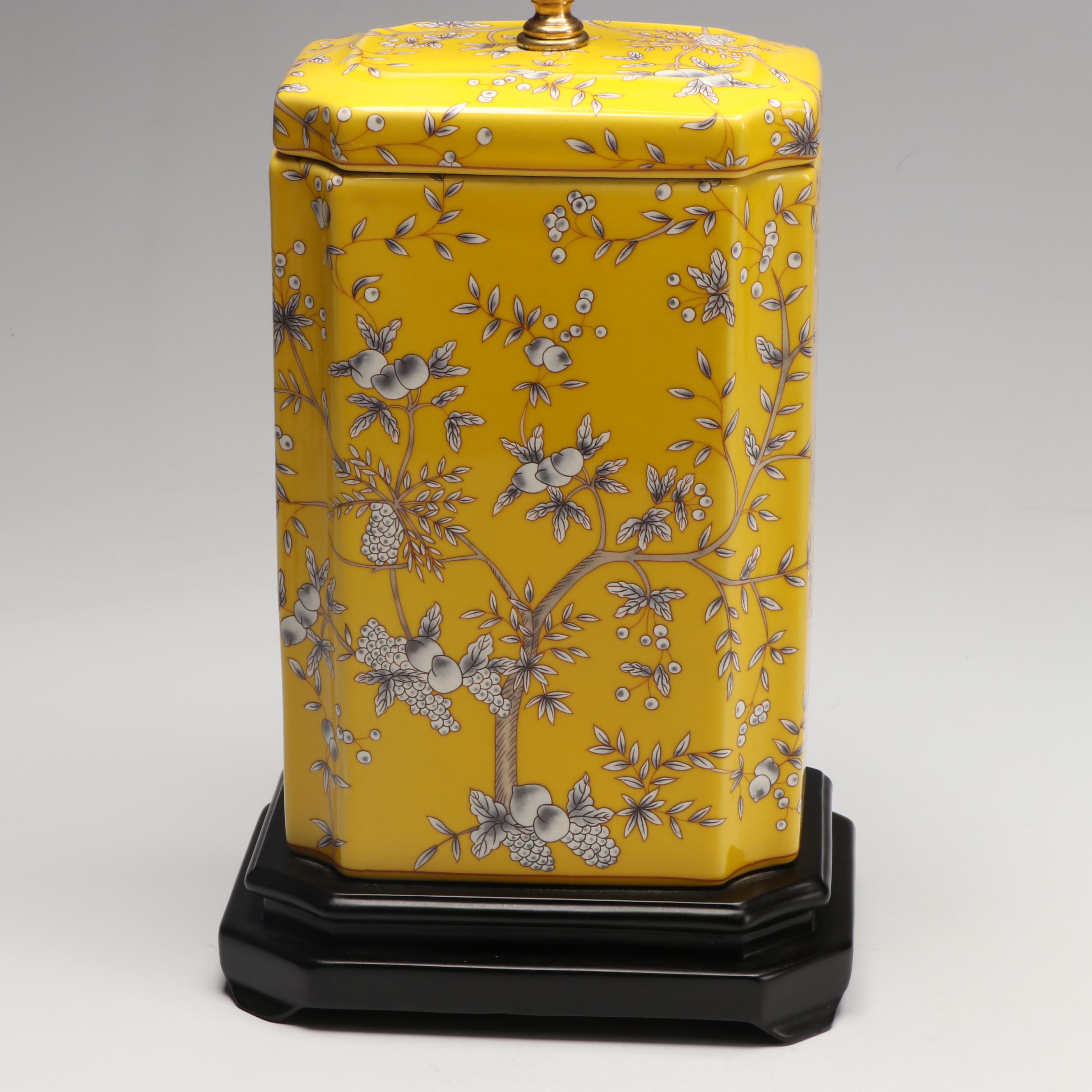 Chinoiserie Yellow Porcelain "Cambridge "Canister & "Maggie" Urn Table Lamps