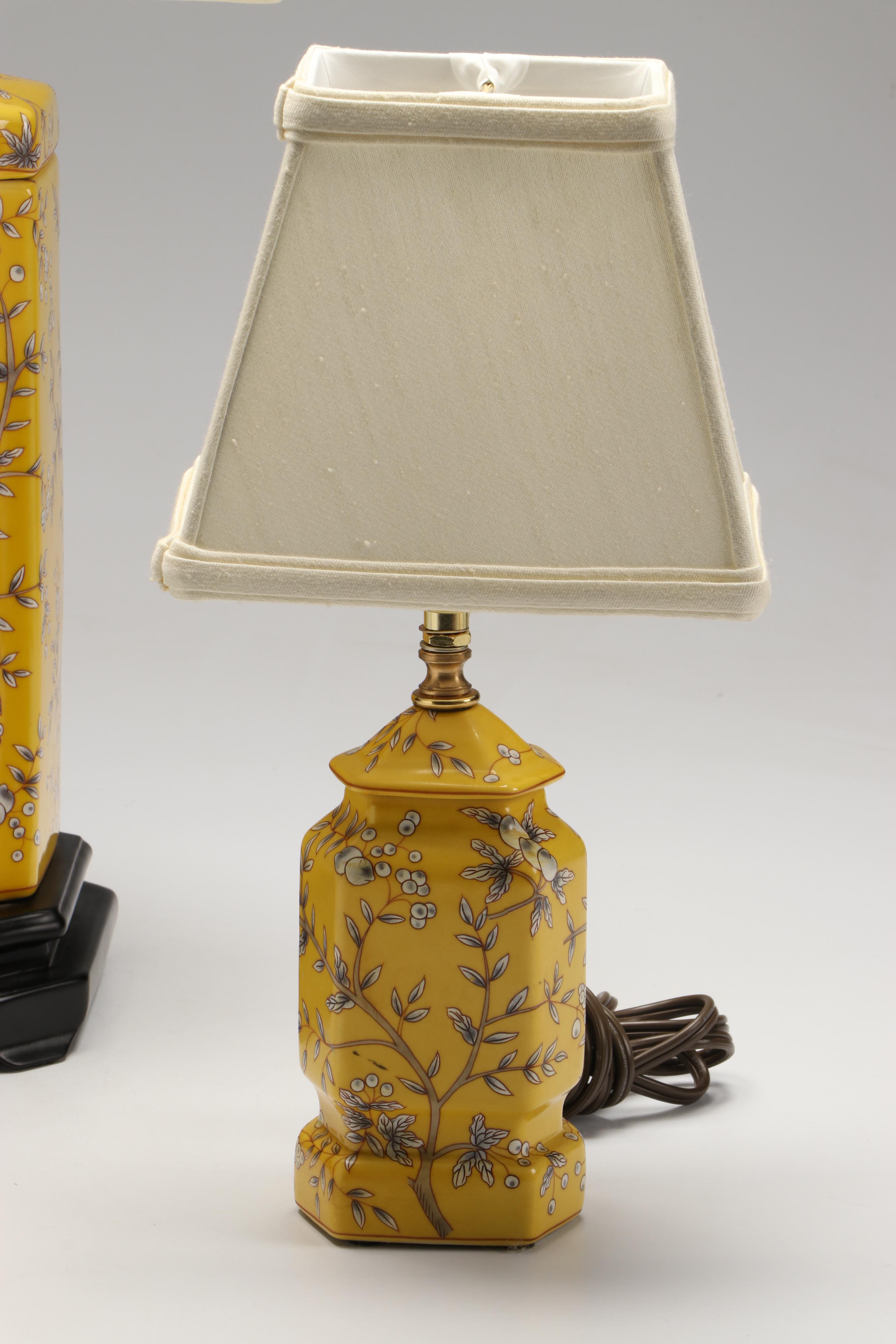 Chinoiserie Yellow Porcelain "Cambridge "Canister & "Maggie" Urn Table Lamps