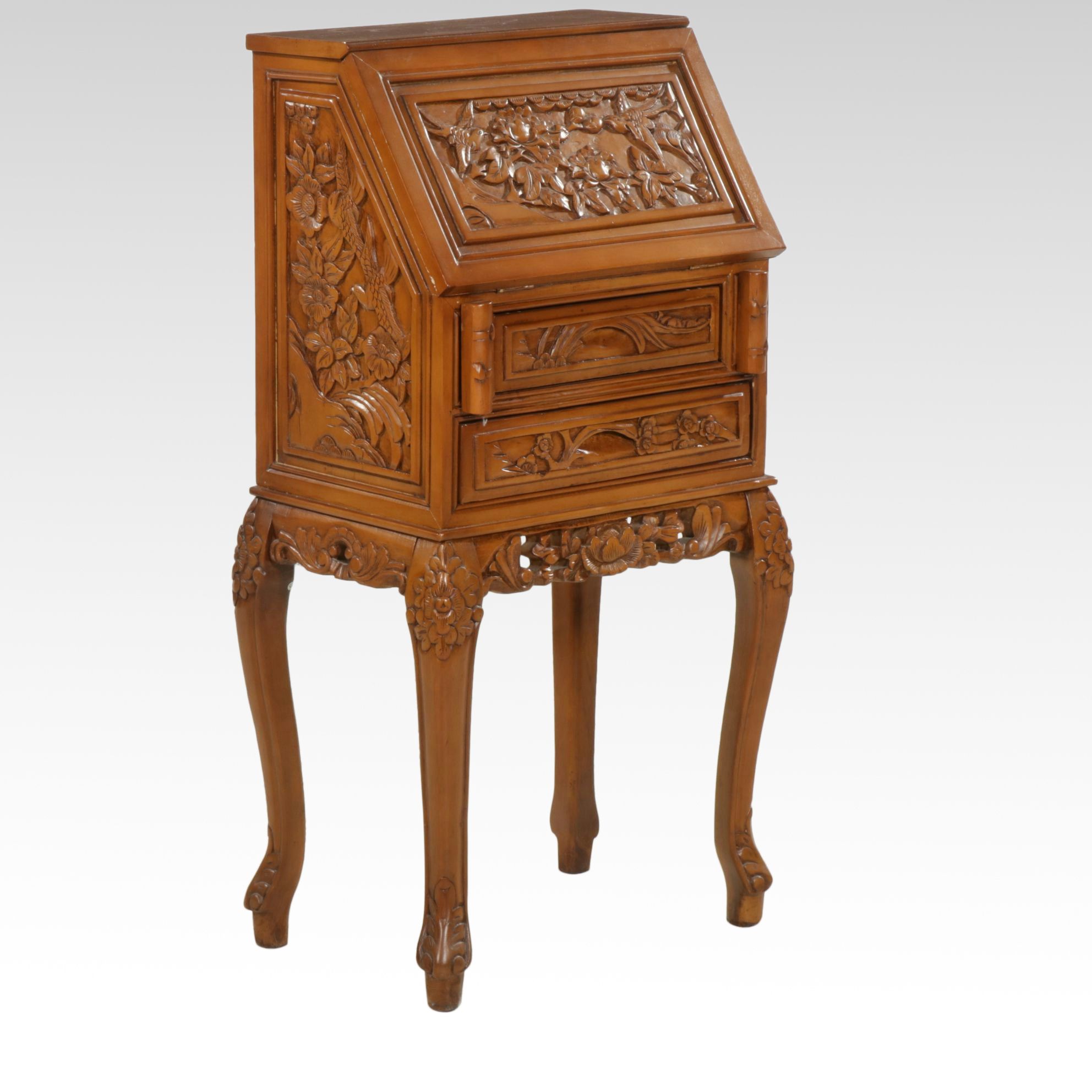 French Style Slant Front Writing Desk with Chinoiserie Carved Panels