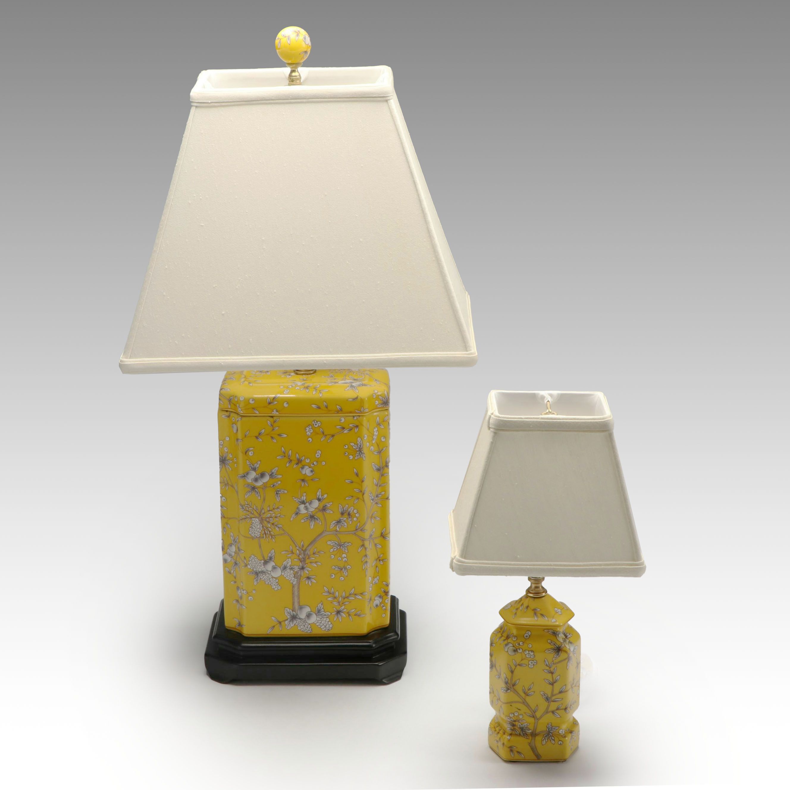 Chinoiserie Yellow Porcelain "Cambridge "Canister & "Maggie" Urn Table Lamps