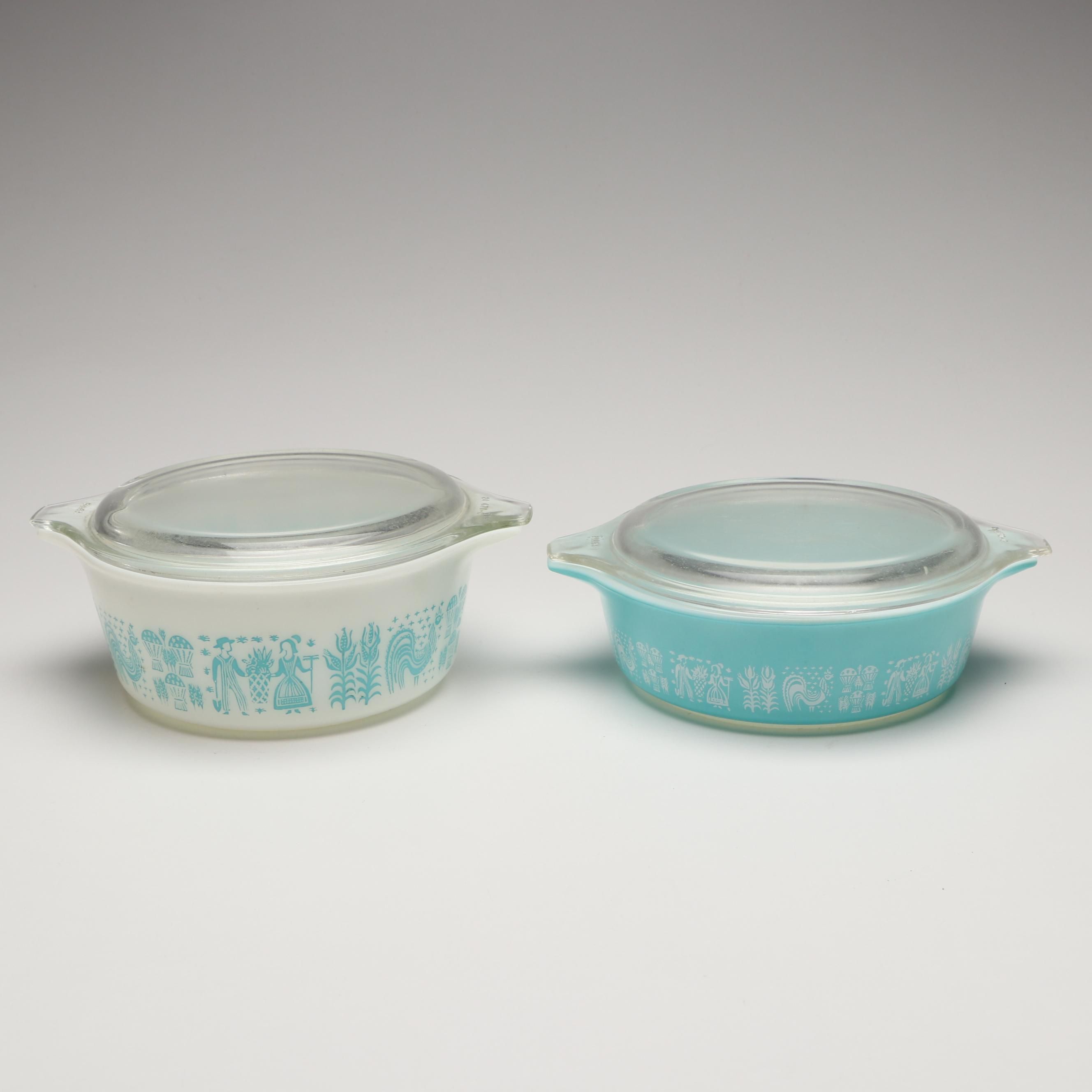 Pyrex "Butterprint Turquoise" Round Covered Casseroles, 1957–1968