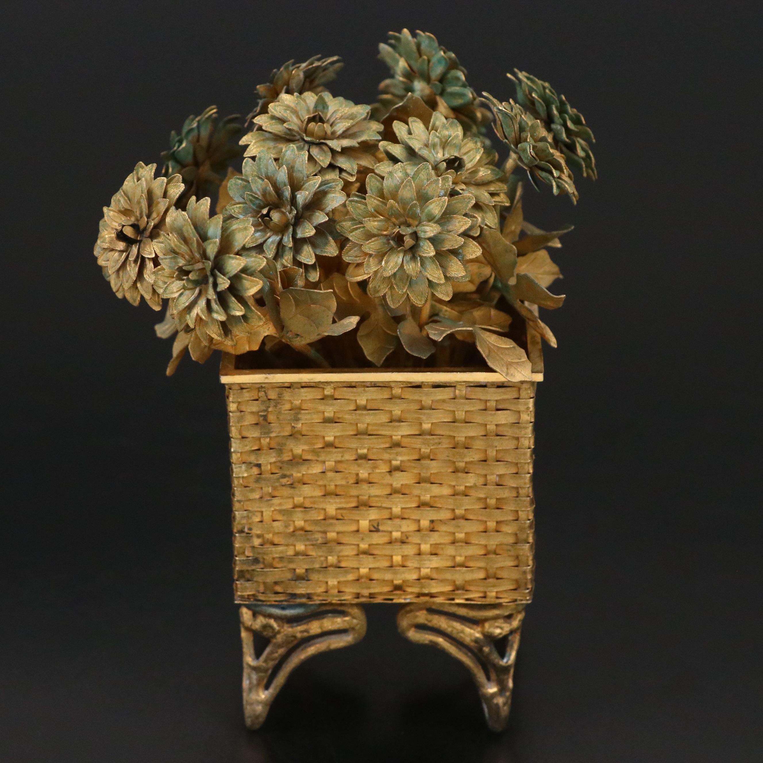 Mexican Gilt Sterling Silver Woven Planter with Gilt Flower Arrangement