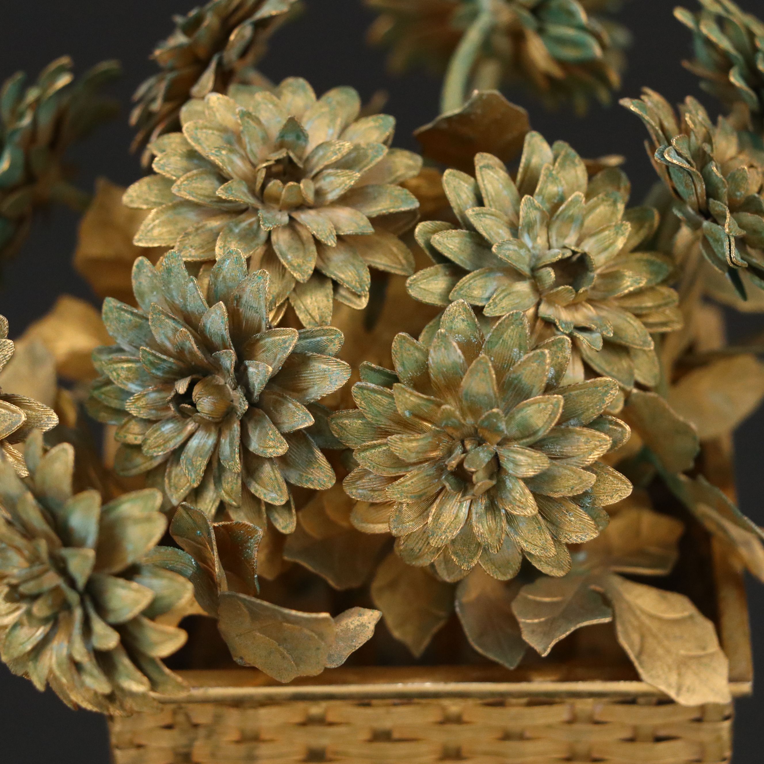 Mexican Gilt Sterling Silver Woven Planter with Gilt Flower Arrangement