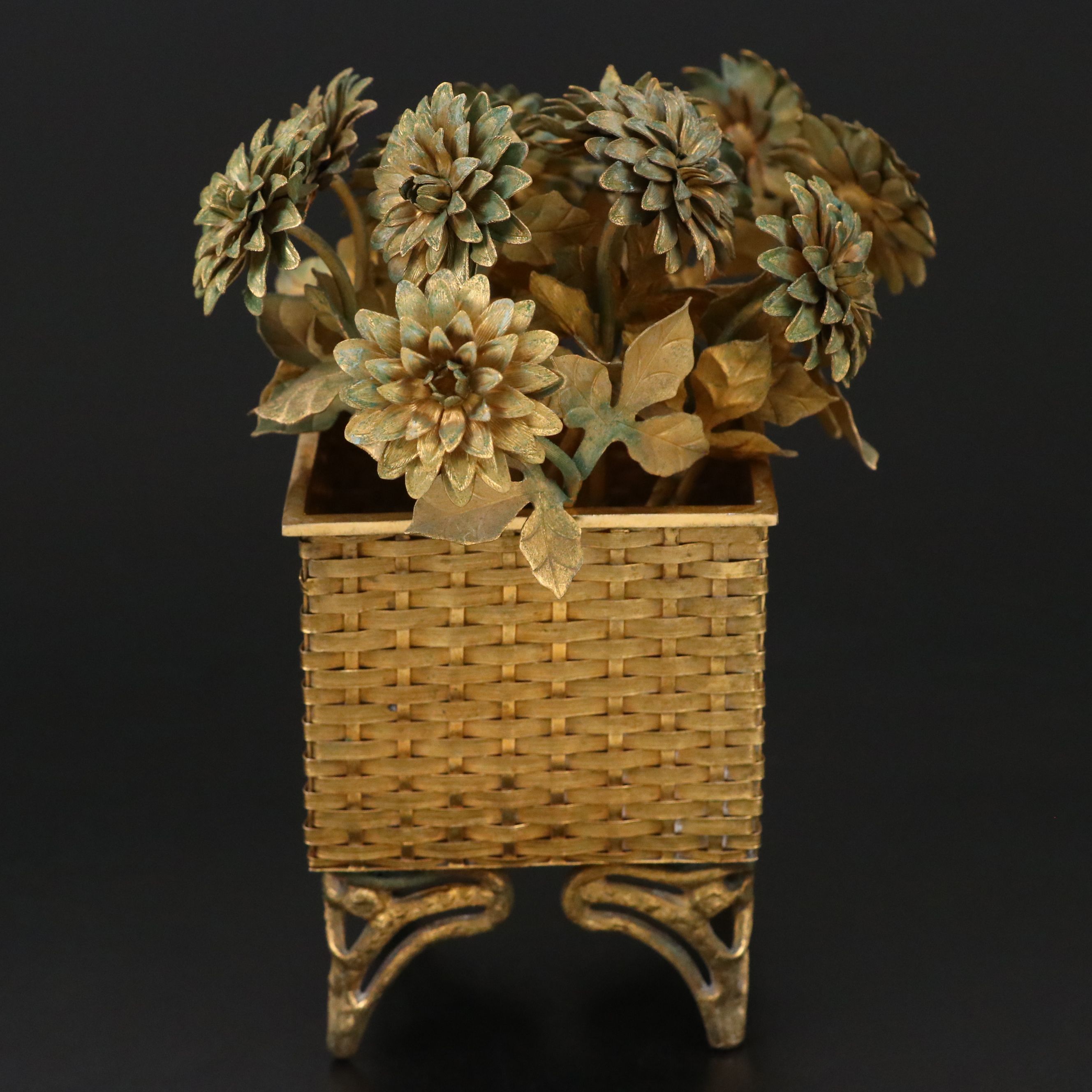 Mexican Gilt Sterling Silver Woven Planter with Gilt Flower Arrangement