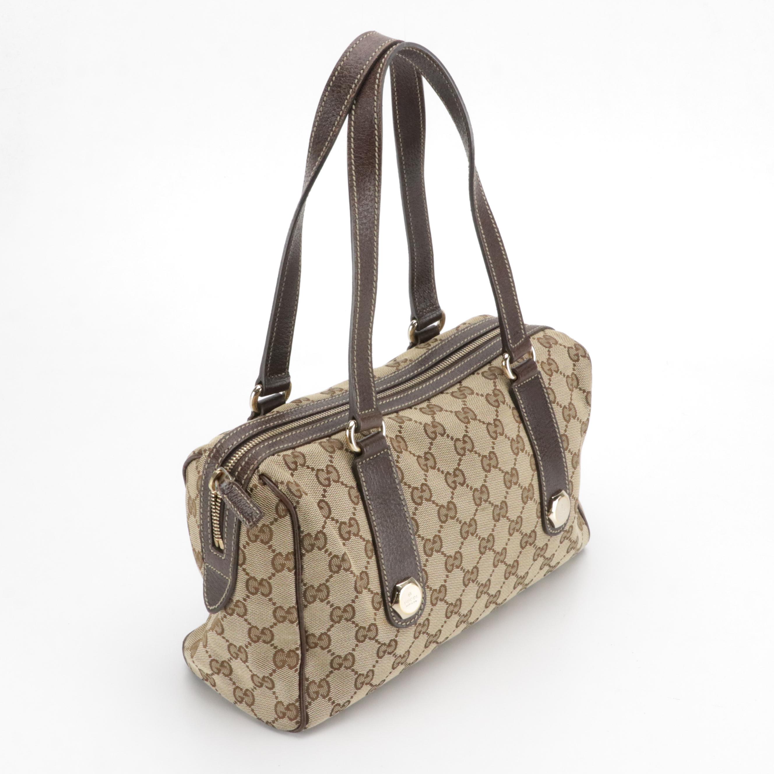 Gucci Charmy Zip-Around Boston Bag in GG Canvas and Brown Cinghiale Leather