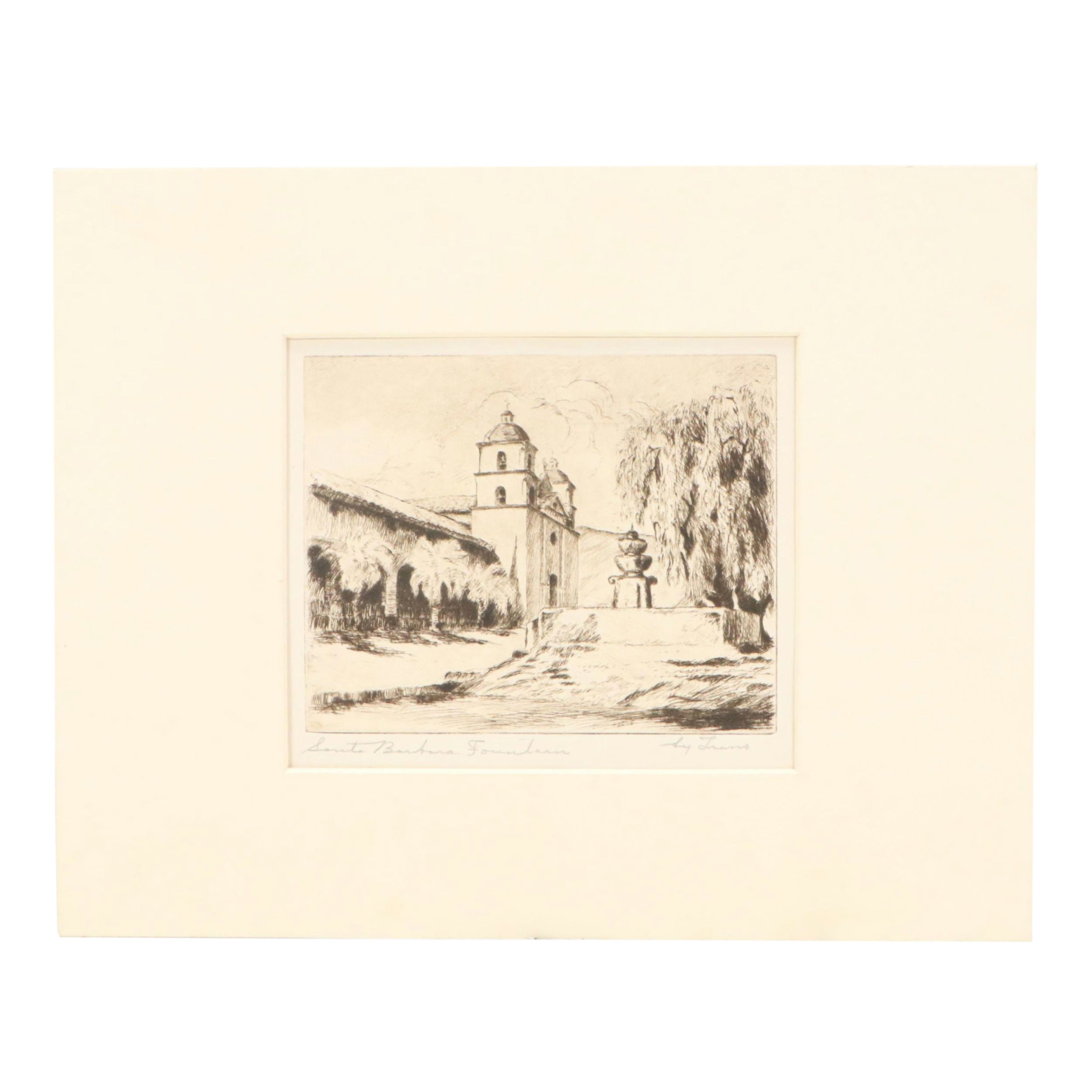 Etching with Drypoint "Santa Barbara Fountain," 20th Century