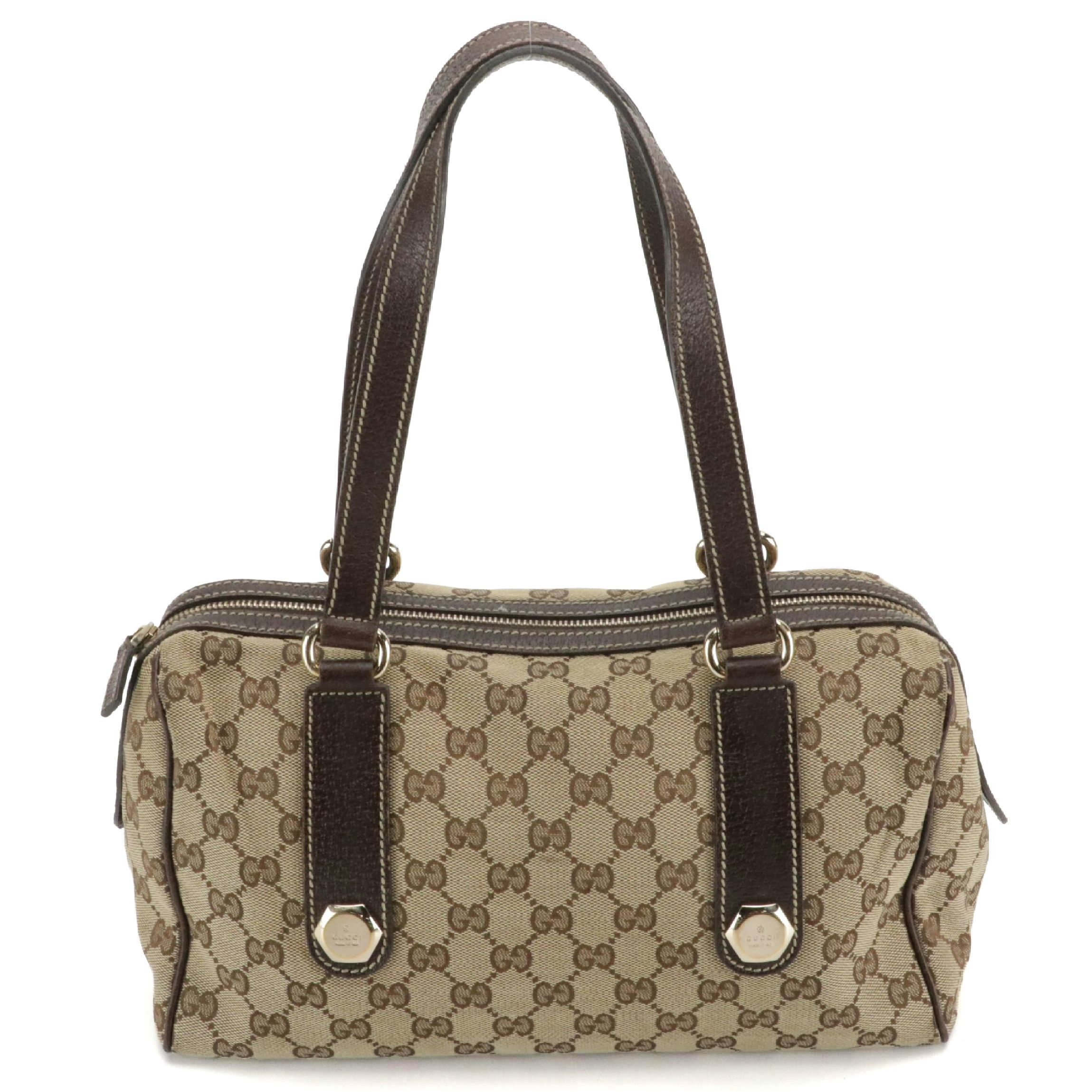 Gucci Charmy Zip-Around Boston Bag in GG Canvas and Brown Cinghiale Leather