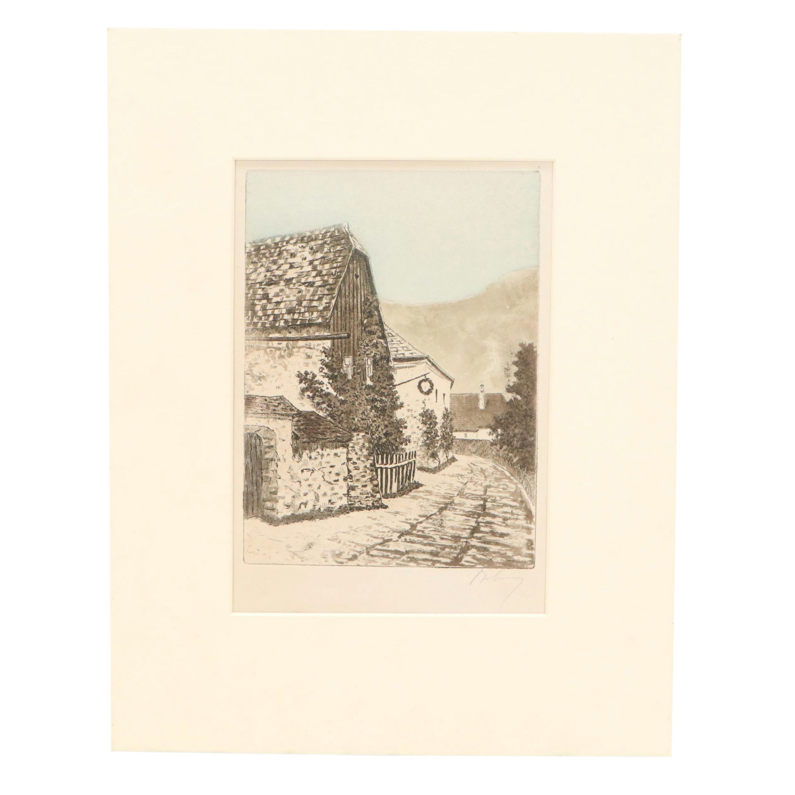 Etching with Aquatint à la Poupée of Village Scene