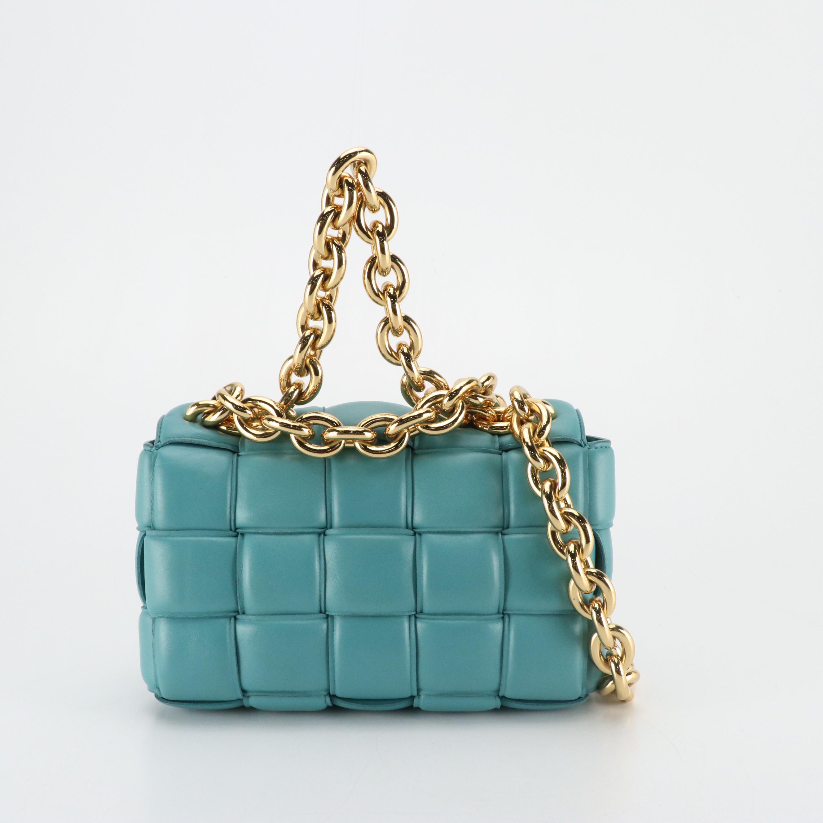 Bottega Veneta Cassette Chain Bag in Teal Padded Maxi Intrecciato Nappa Leather