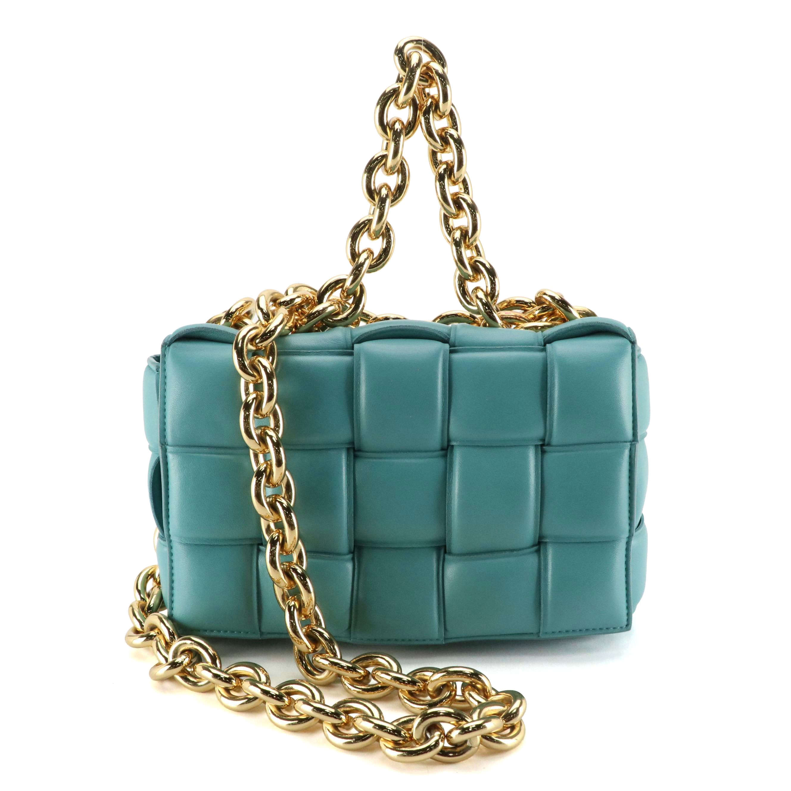 Bottega Veneta Cassette Chain Bag in Teal Padded Maxi Intrecciato Nappa Leather