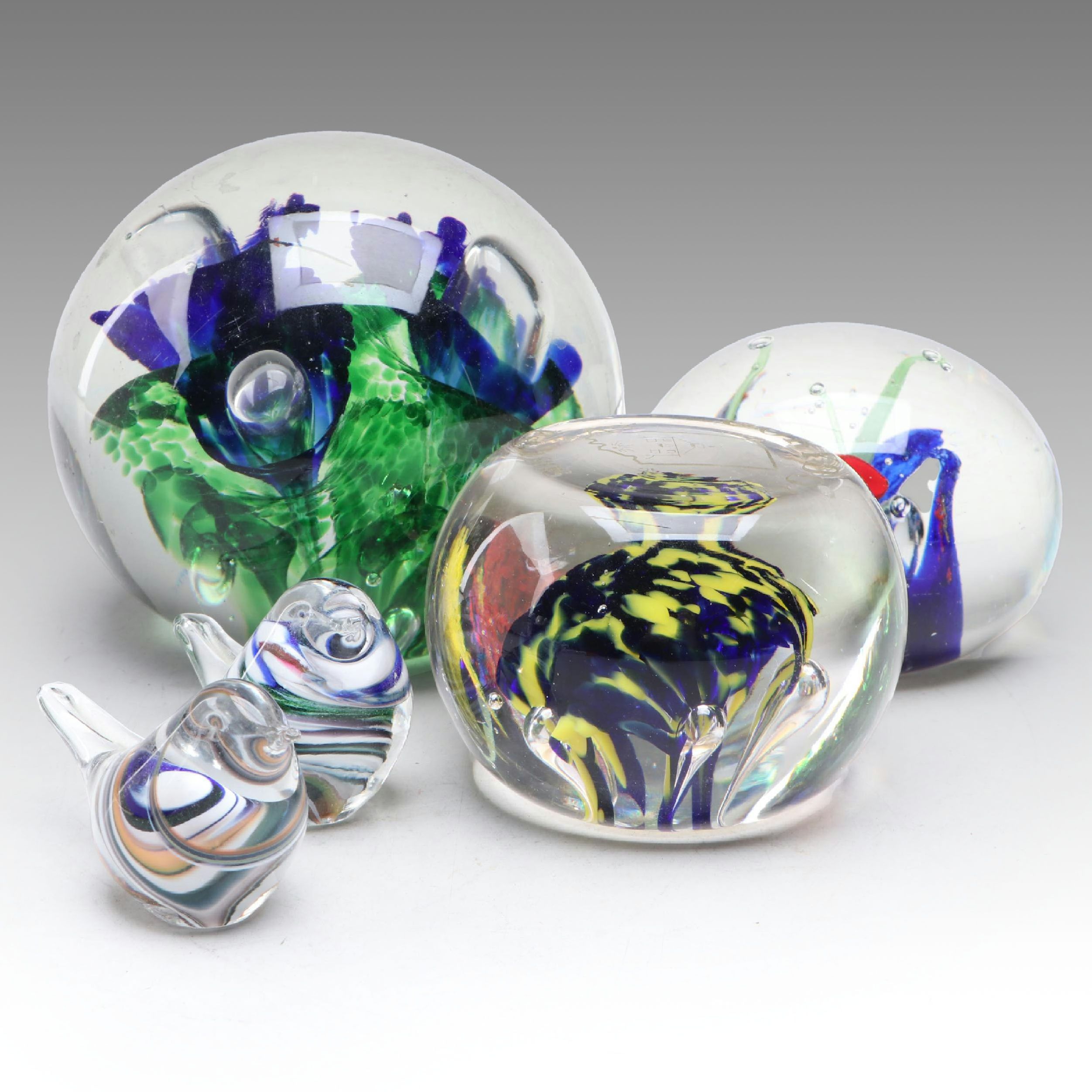 Zimmerman Art Glass with Other Paperweights and Bird Figurines