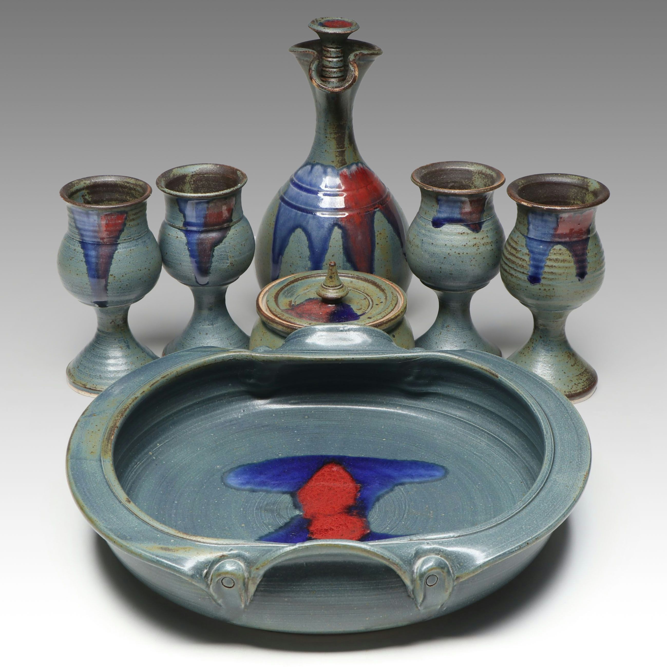 Badger Hill Pottery Stoneware Ewer and Goblets with Casserole and Lidded Jar