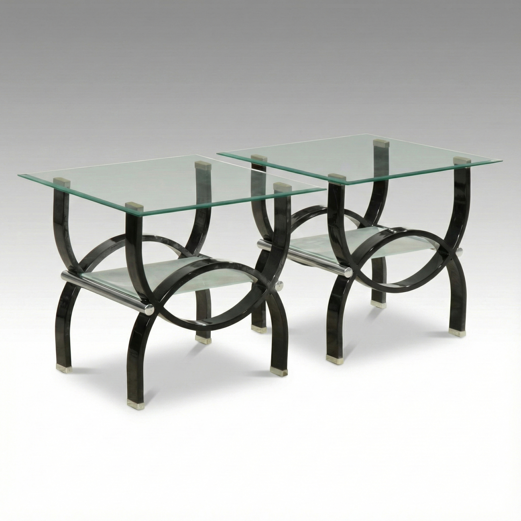 Modern Curved Metal and Chrome Side Tables with Beveled Glass Tops