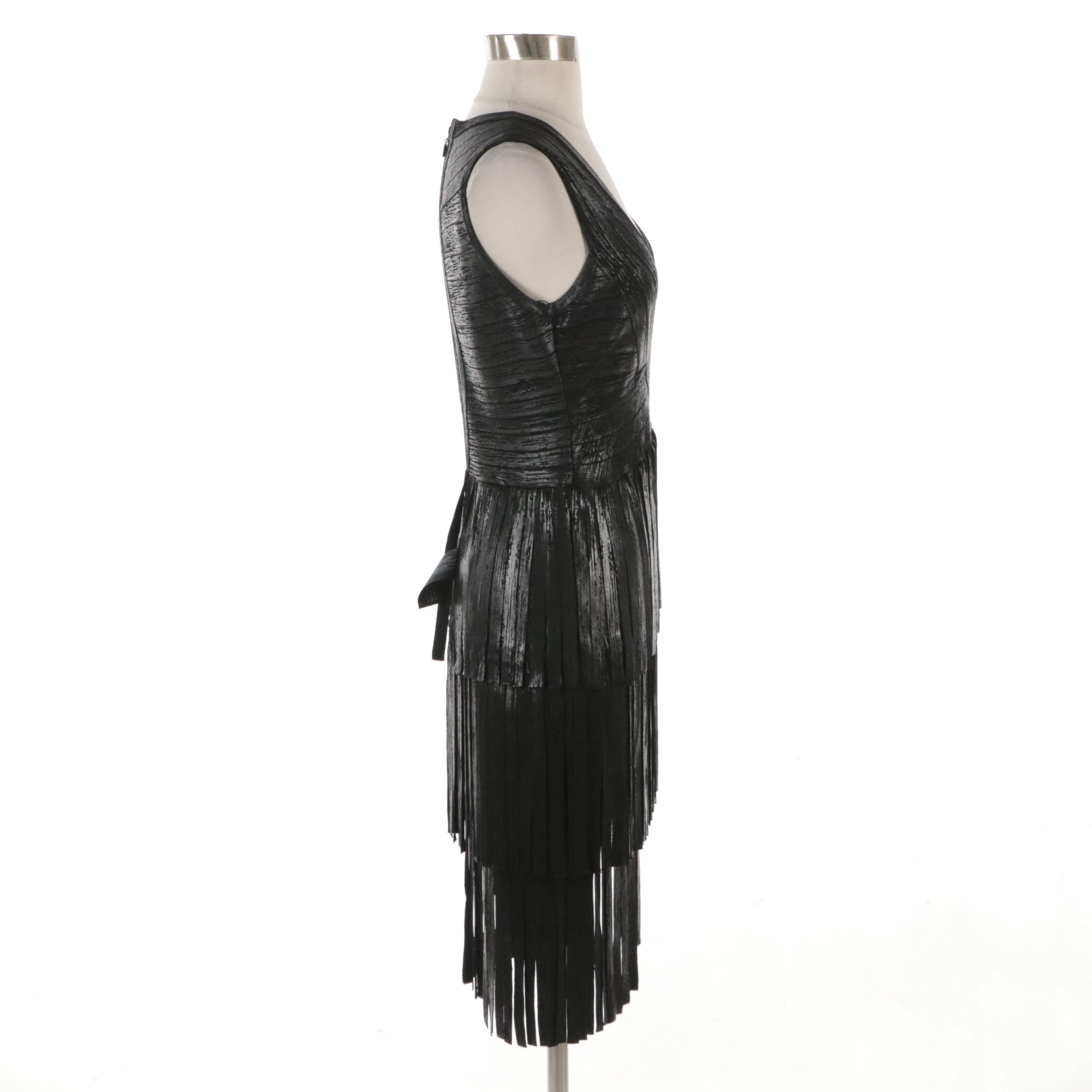 Herve Leger Paris Black Foil Fringed Bandage Dress, With Tags