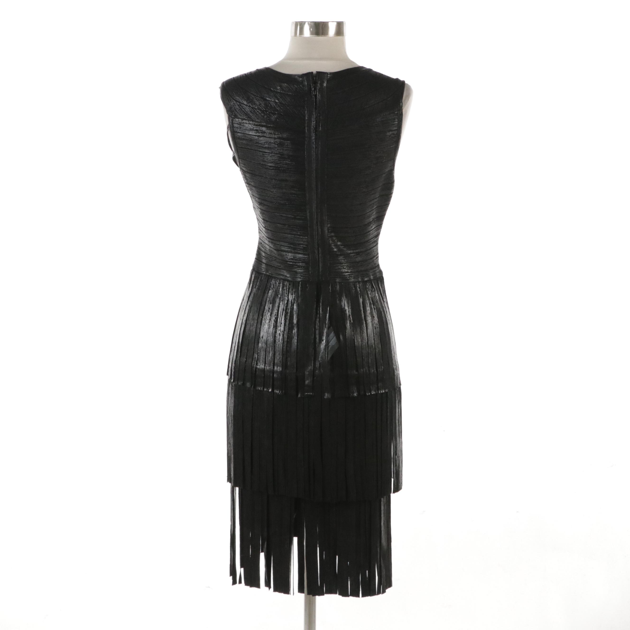 Herve Leger Paris Black Foil Fringed Bandage Dress, With Tags