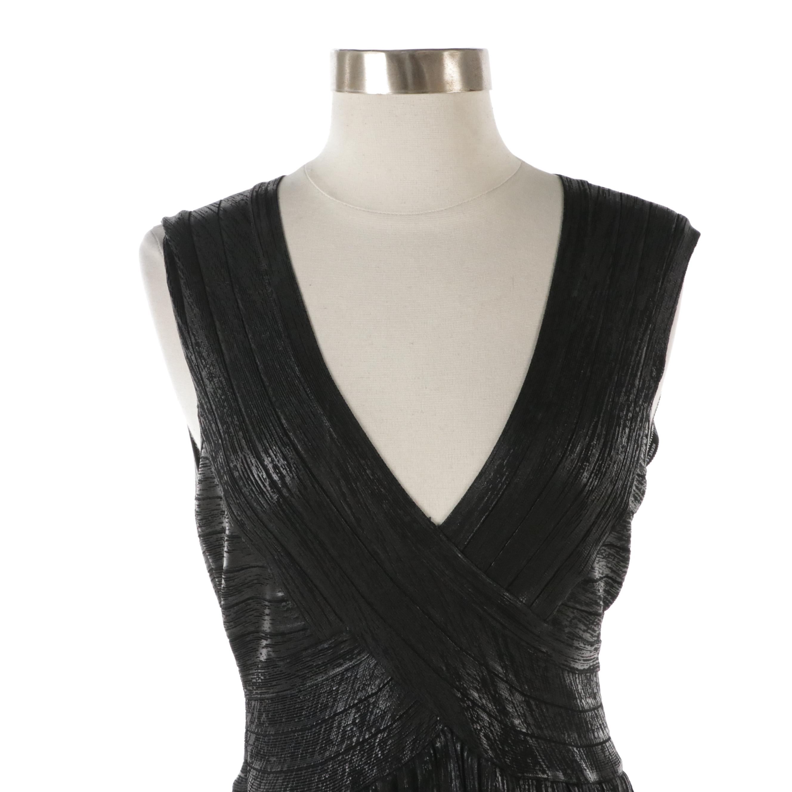 Herve Leger Paris Black Foil Fringed Bandage Dress, With Tags