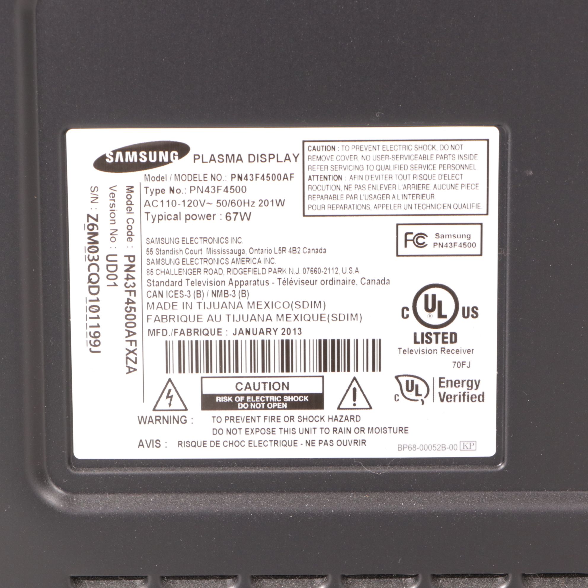 Samsung 40" Plasma HD TV with Remote and Manual