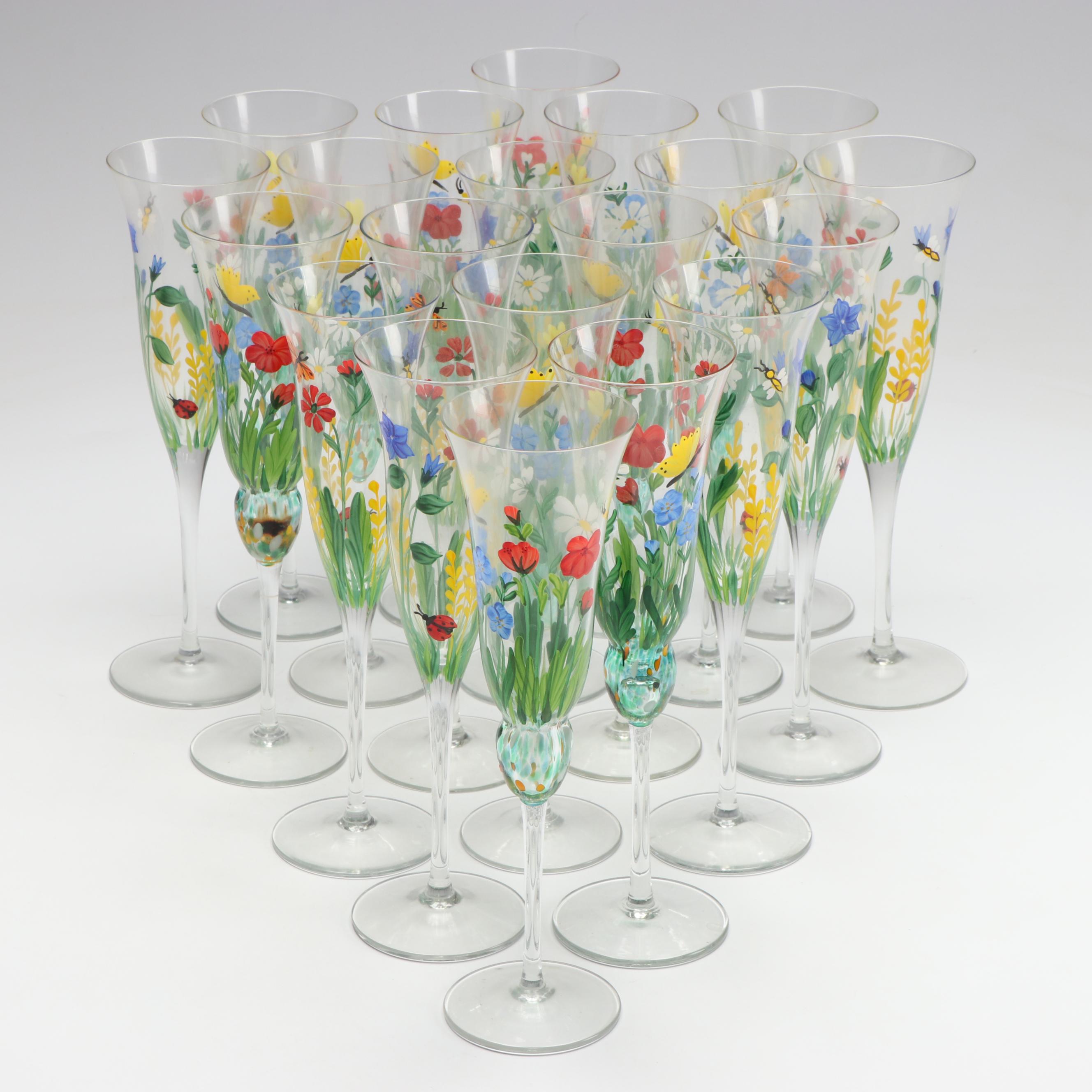 Floral Hand-Painted Glass Champagne Flutes