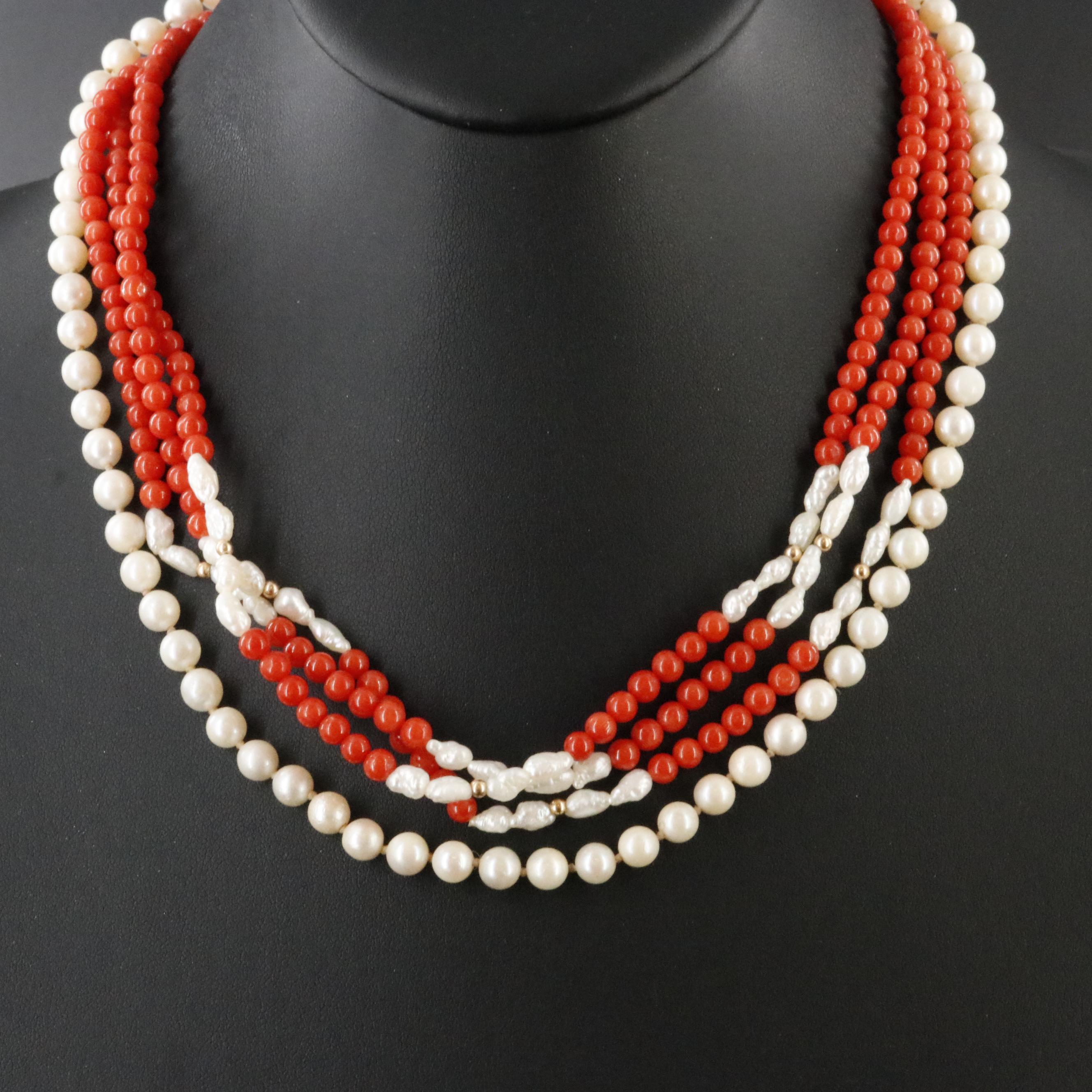 Pearl and Coral Bead Necklaces with 14K Clasps