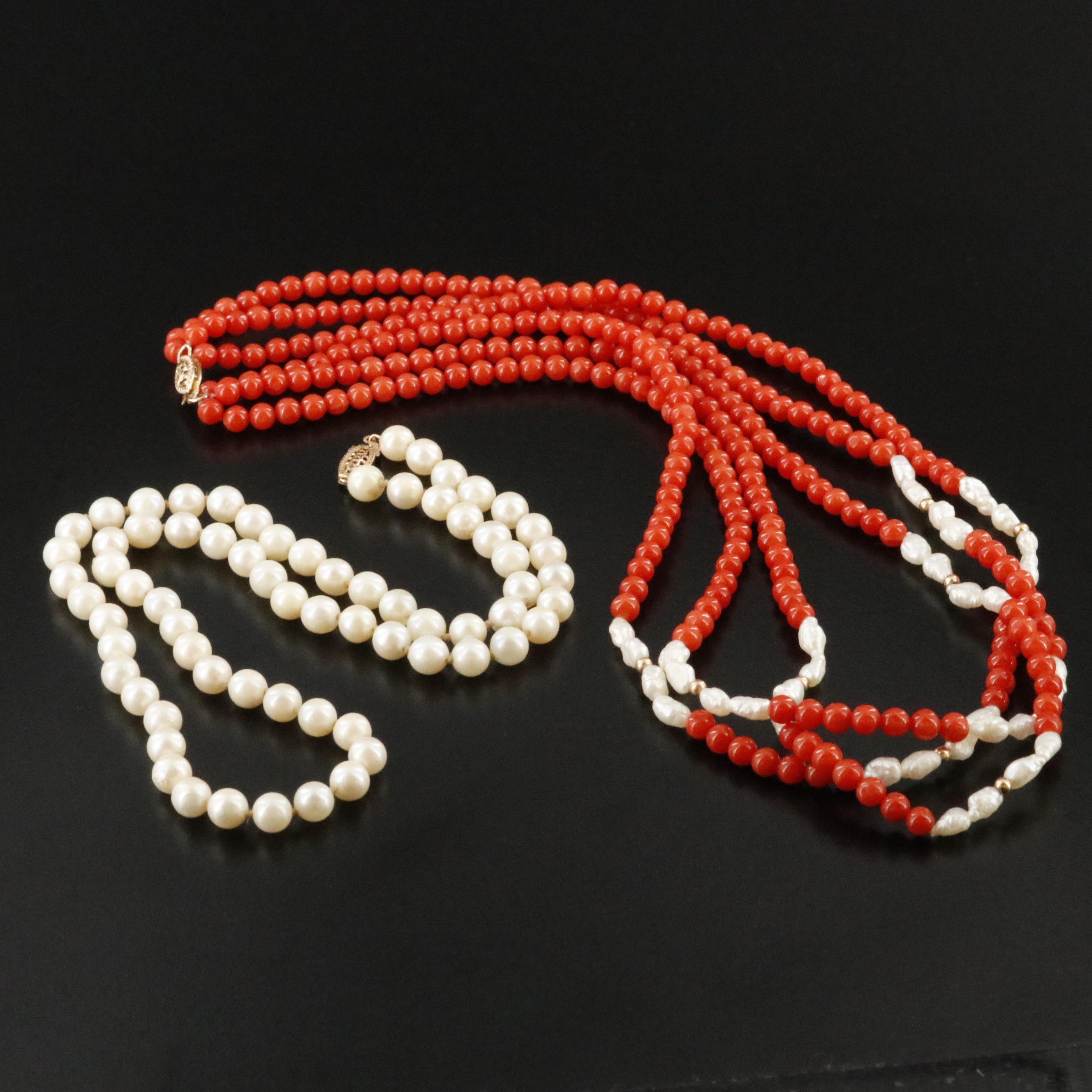 Pearl and Coral Bead Necklaces with 14K Clasps