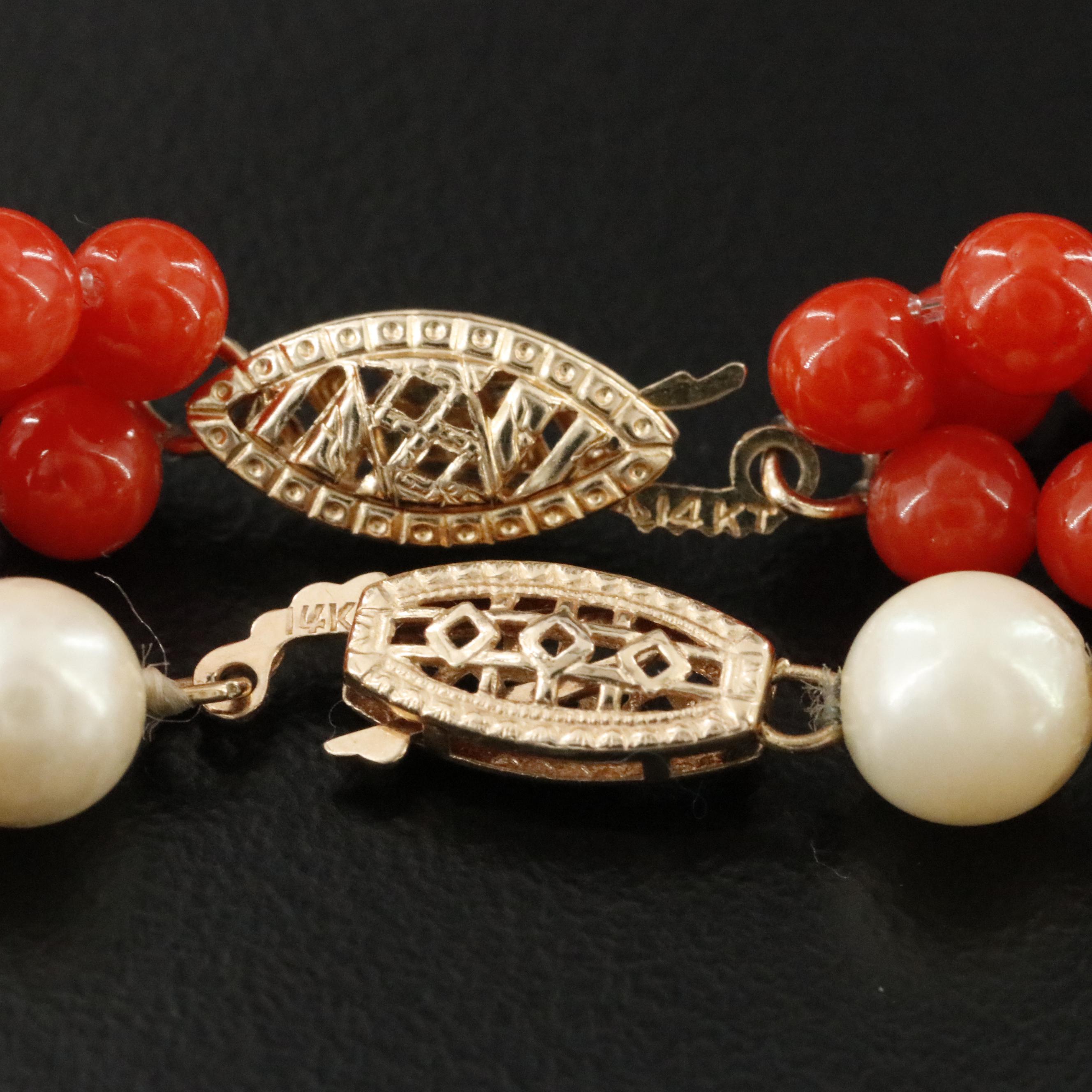Pearl and Coral Bead Necklaces with 14K Clasps