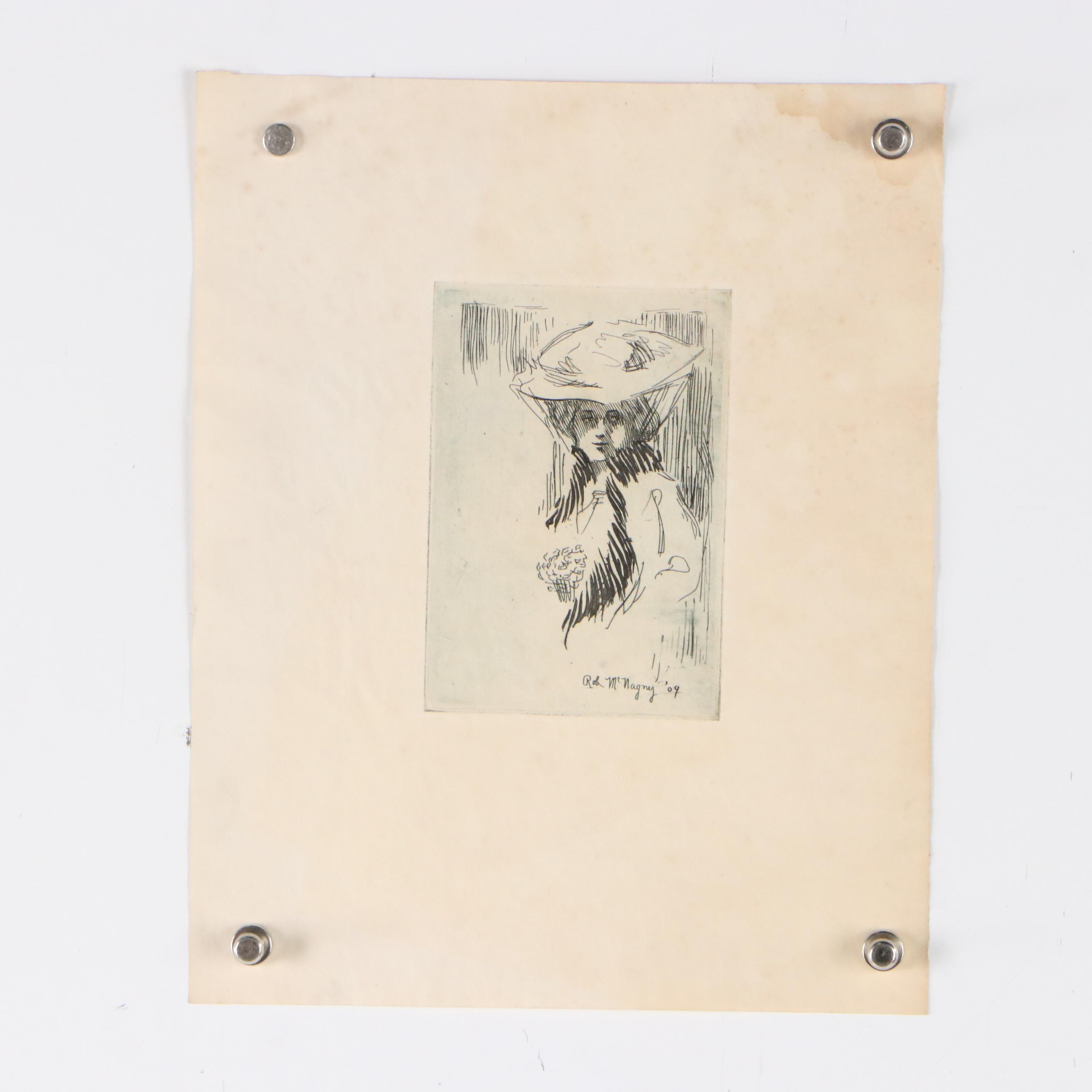 Rob McNagny Portrait Etchings of Woman in Hat, 1909