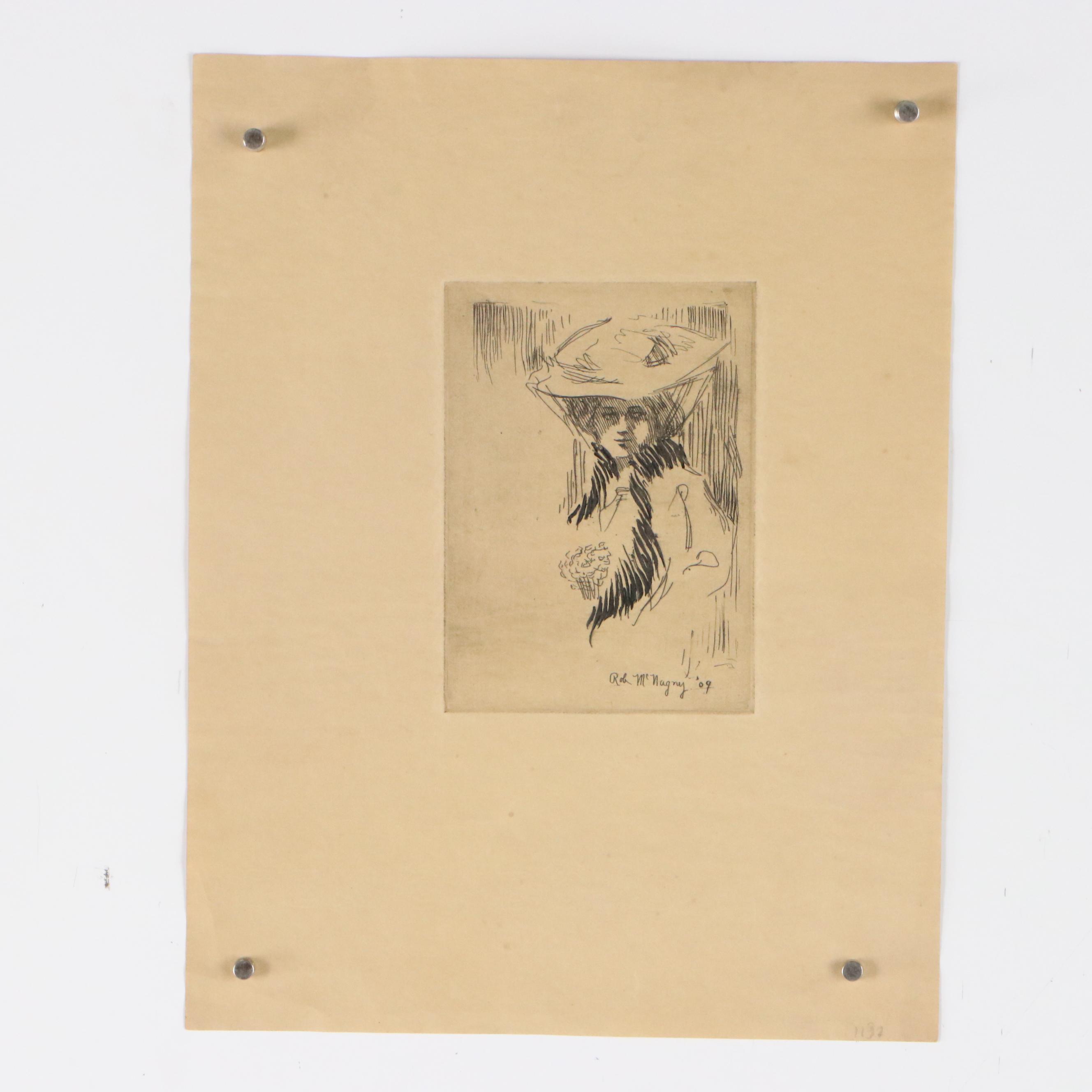 Rob McNagny Portrait Etchings of Woman in Hat, 1909