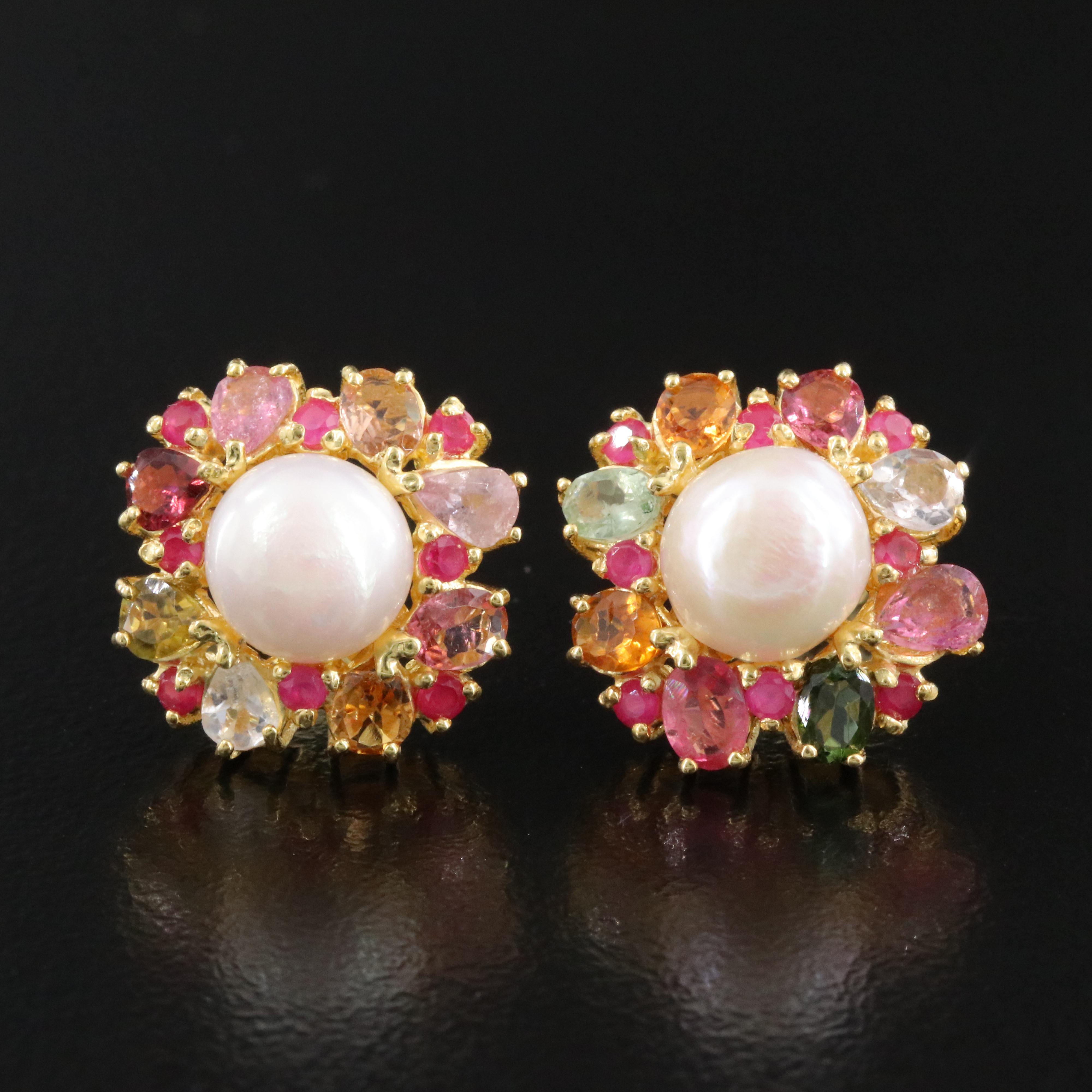 Sterling Pearl, Ruby and Tourmaline Earrings