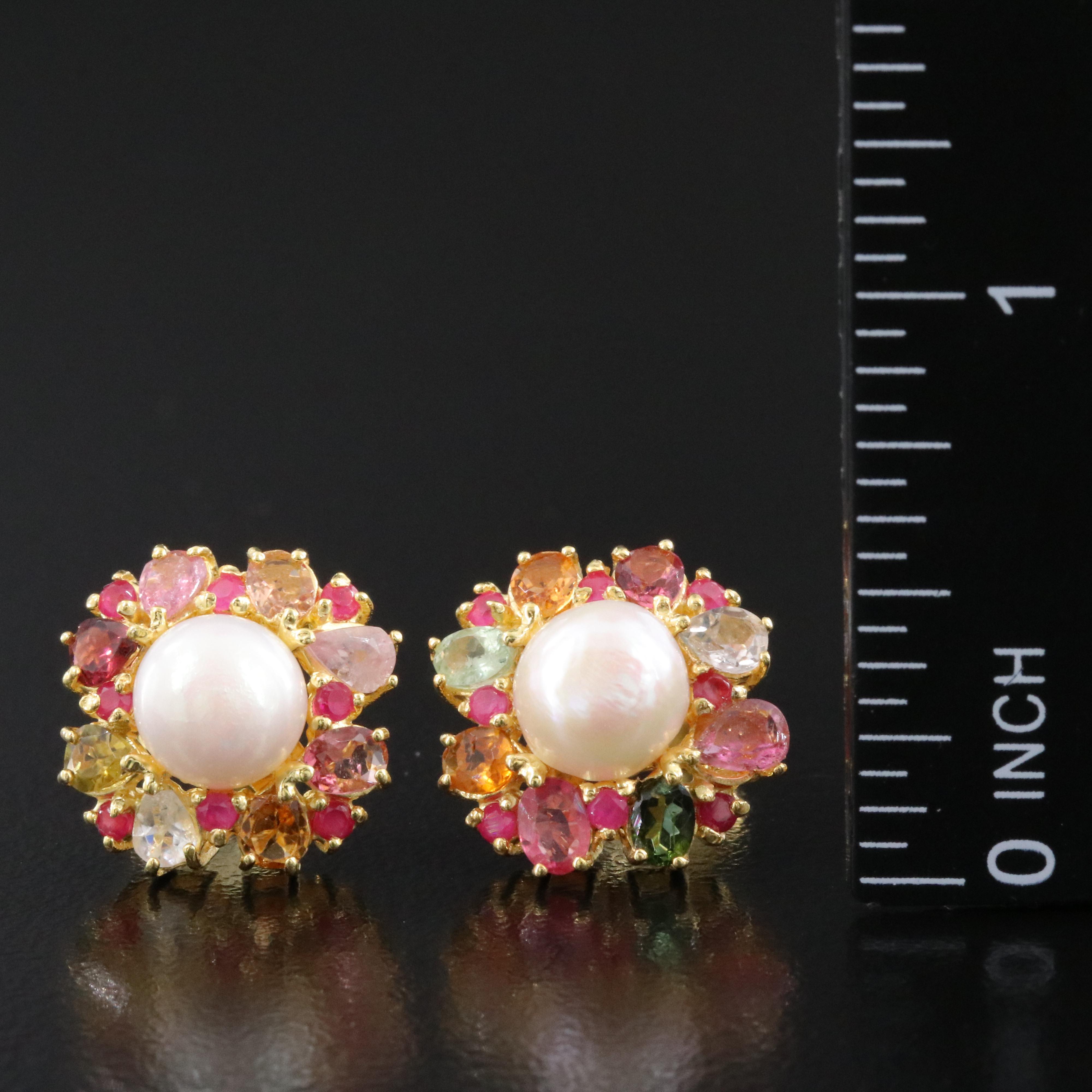 Sterling Pearl, Ruby and Tourmaline Earrings